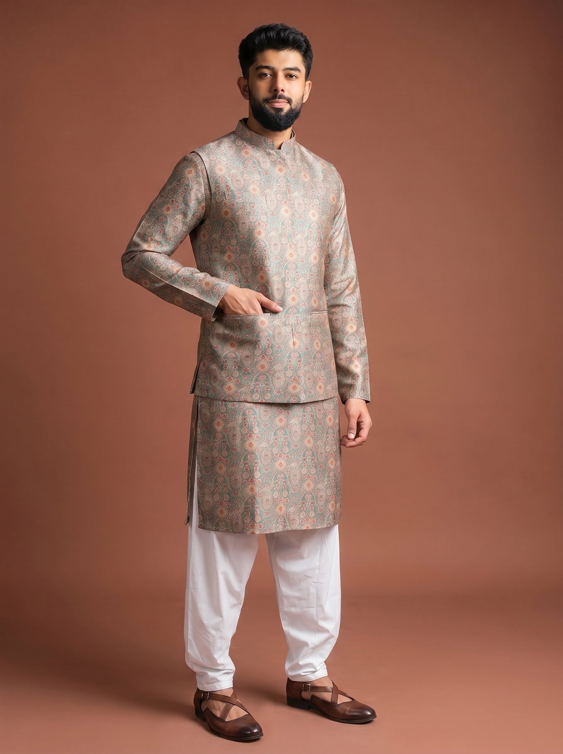 Aespen Green Multi Jaquard Kurta Jacket Set For Men With Printed Design - Aespenfashion.com