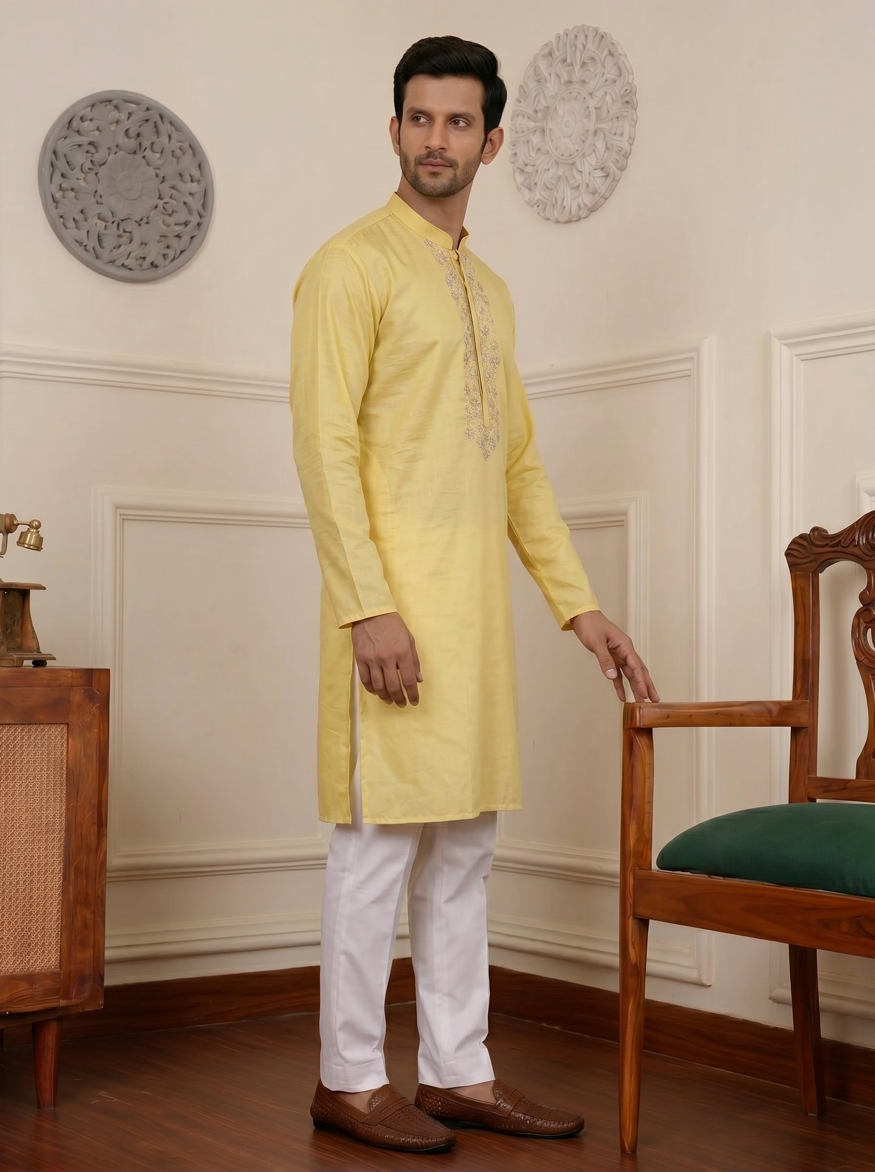 Aespen Yellow Kurta For Men With Thread and Sequins Embroidery - Aespenfashion.com