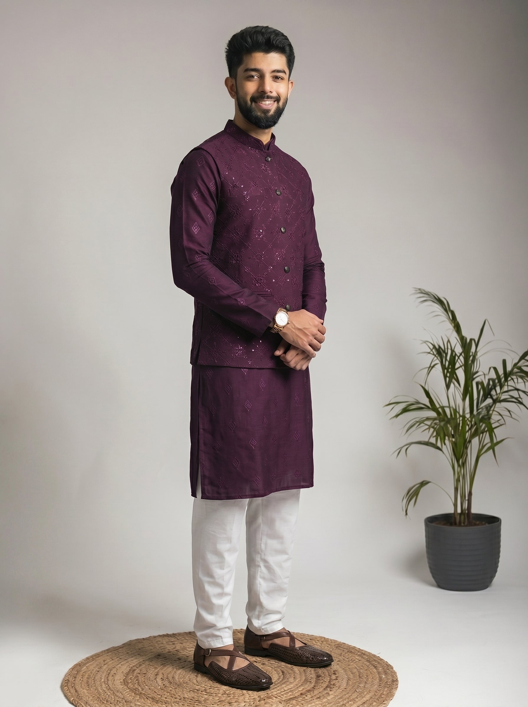 Aespen Purple Lurex Cotton Kurta Jacket Set For Men With Thread And Sequins Embroidery - Aespenfashion.com