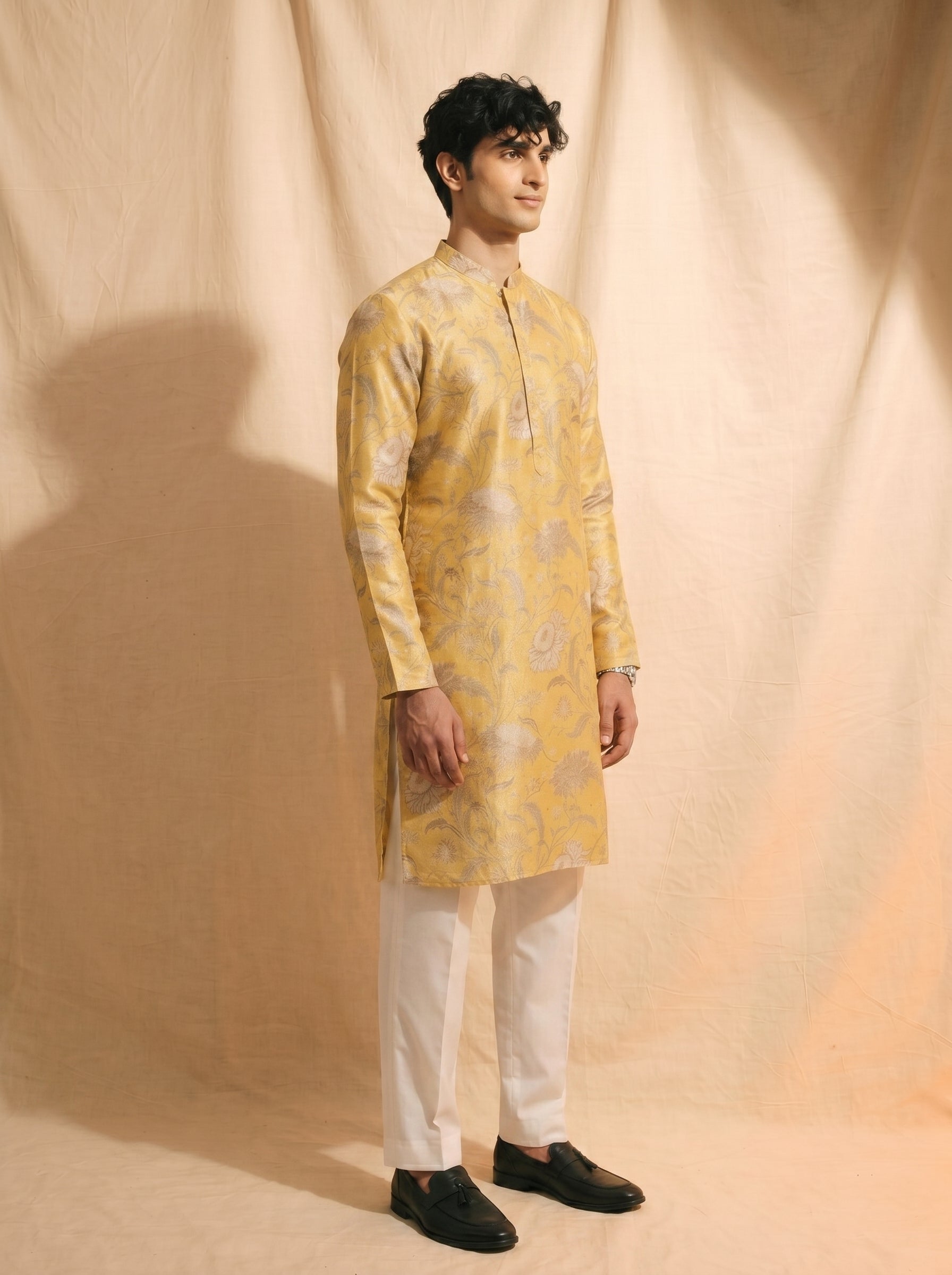 Aespen Mustard Tissue Silk Kurta For Men With Floral Motif - Aespenfashion.com