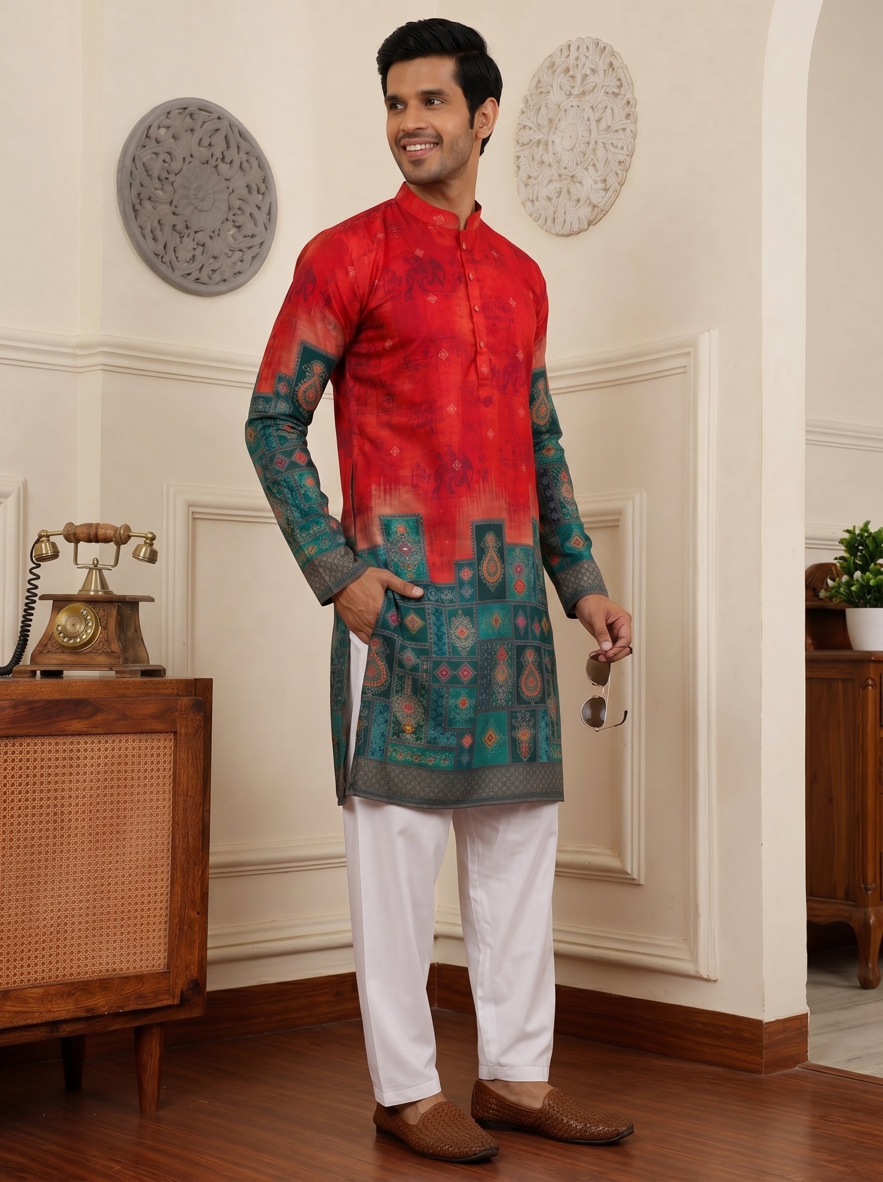 Aespen Red Jacquard Kurta For Men With Animal Motif and Banarasi Weave - Aespenfashion.com