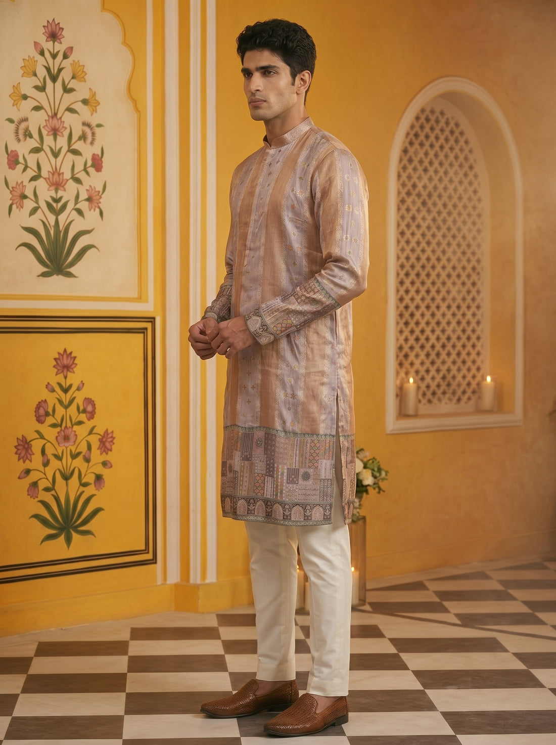 Aespen Beige Jacquard Kurta For Men With Floral Zari Embroidery - Aespenfashion.com