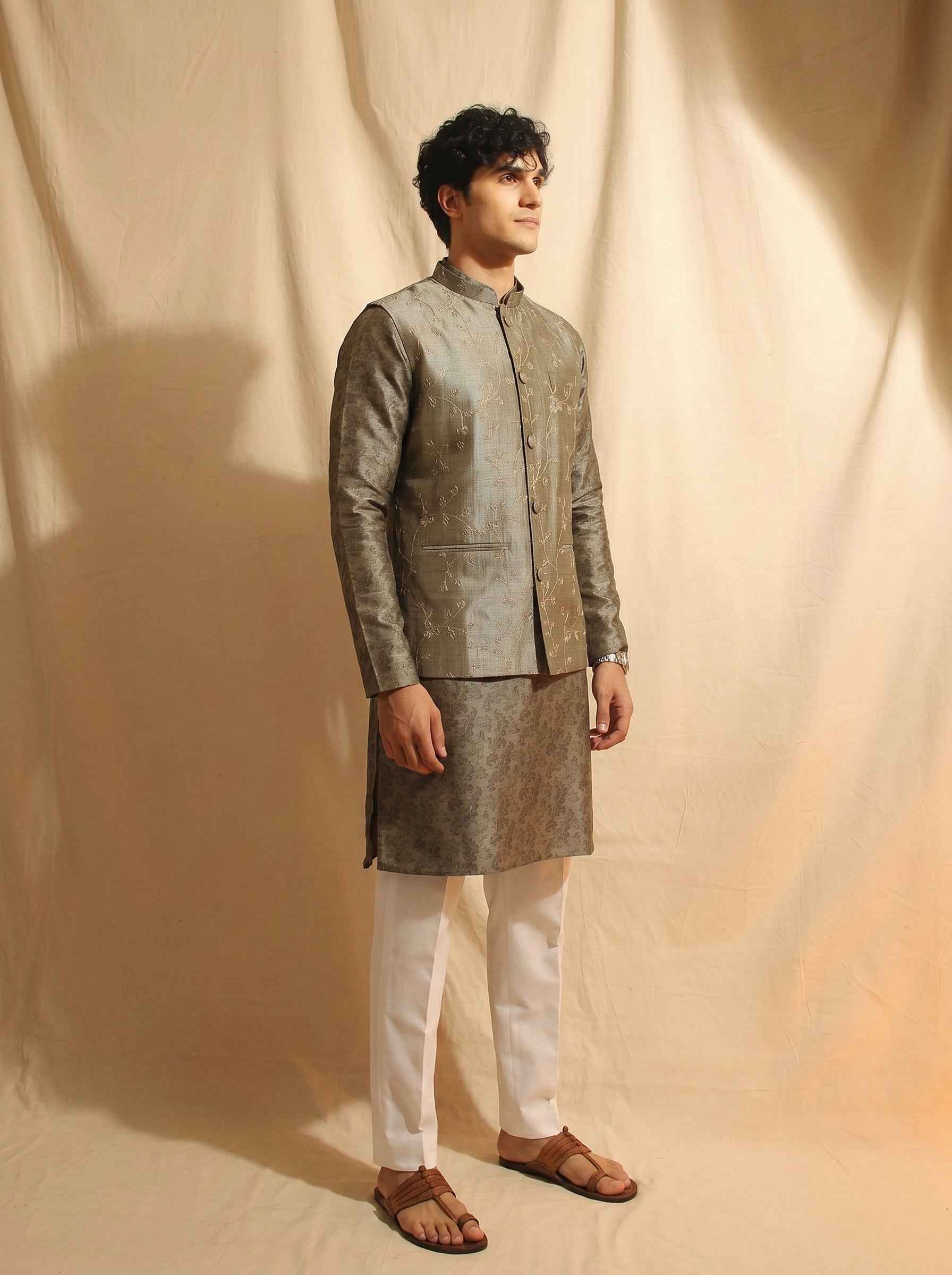 Aespen Olive Tussar Silk Kurta Jacket Set For Men With Zari Embroidery