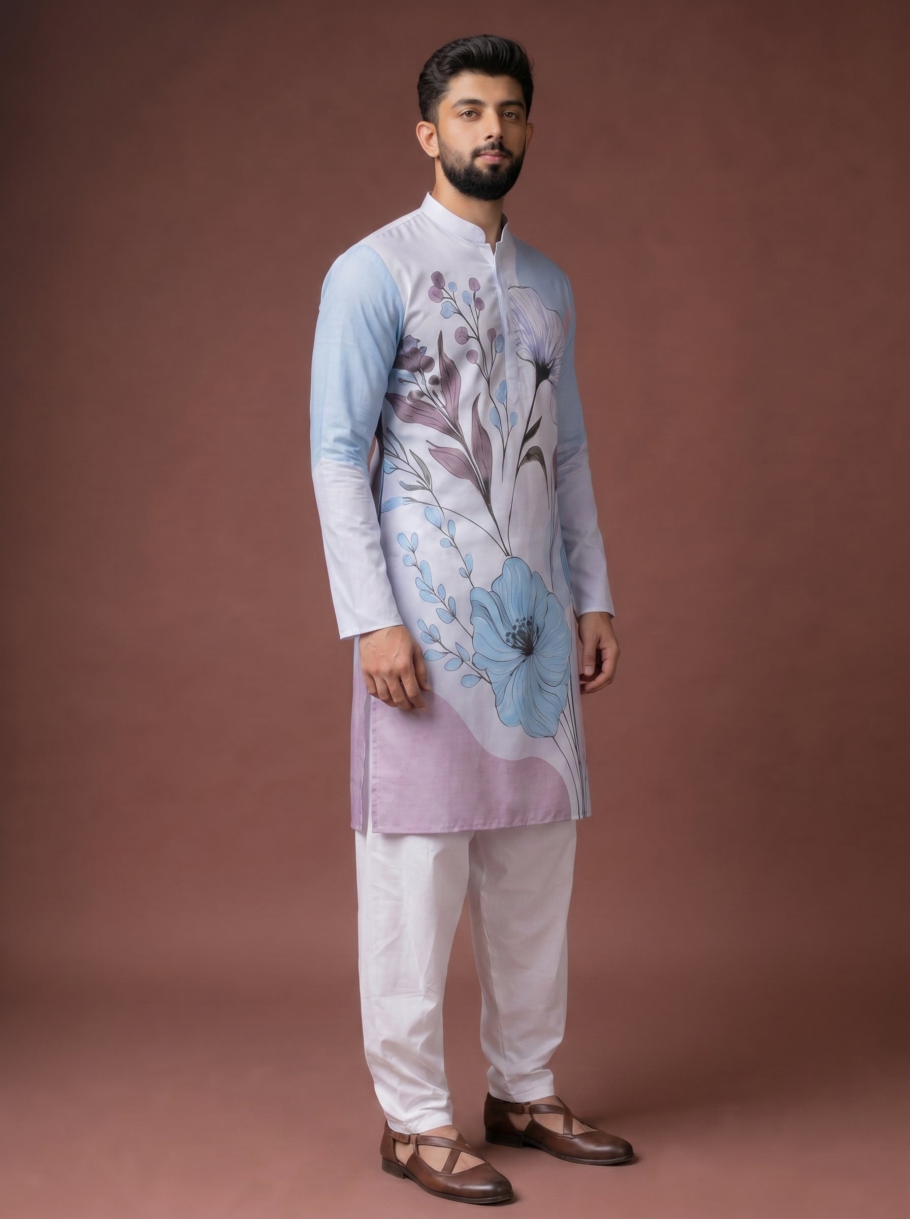 Aespen Light Blue  Kurta For Men With Floral Foil Print - Aespenfashion.com