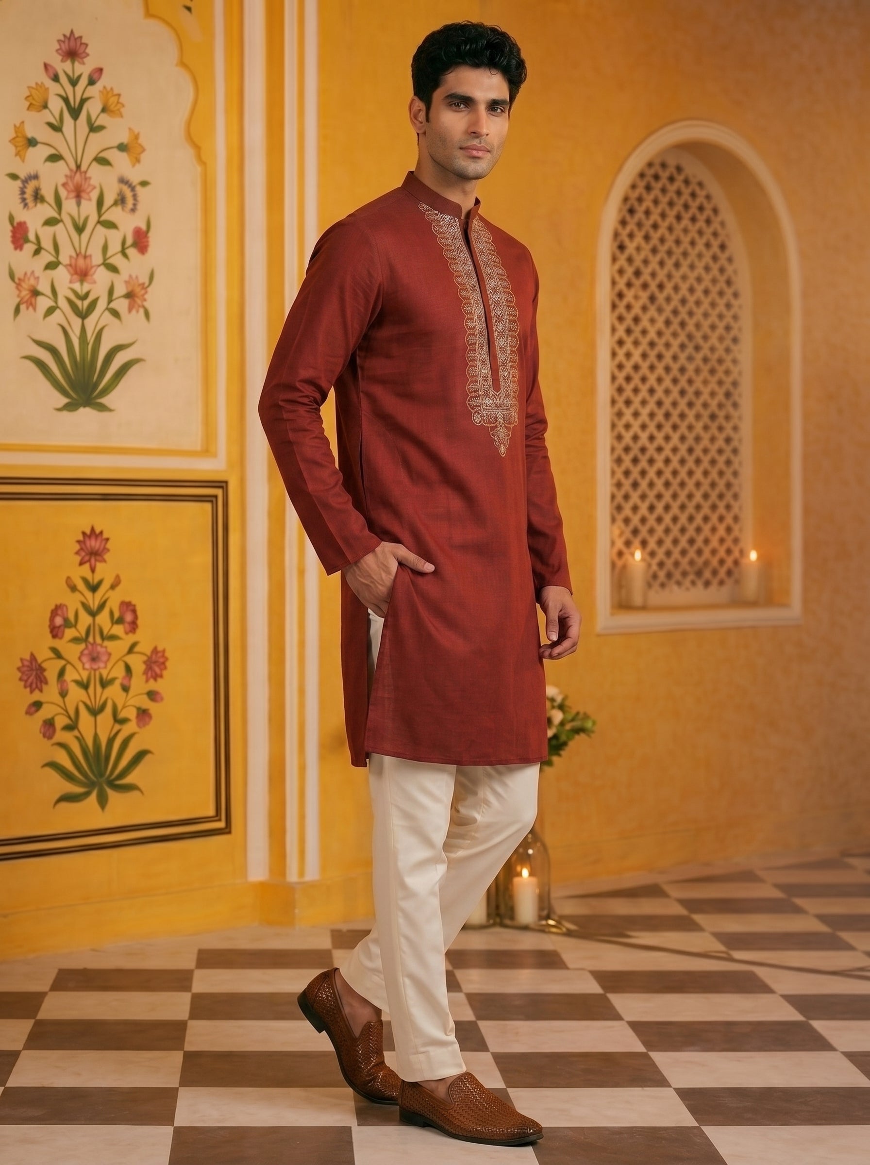 Aespen Maroon Kurta For Men With Thread and Sequins Embroidery Work - Aespenfashion.com