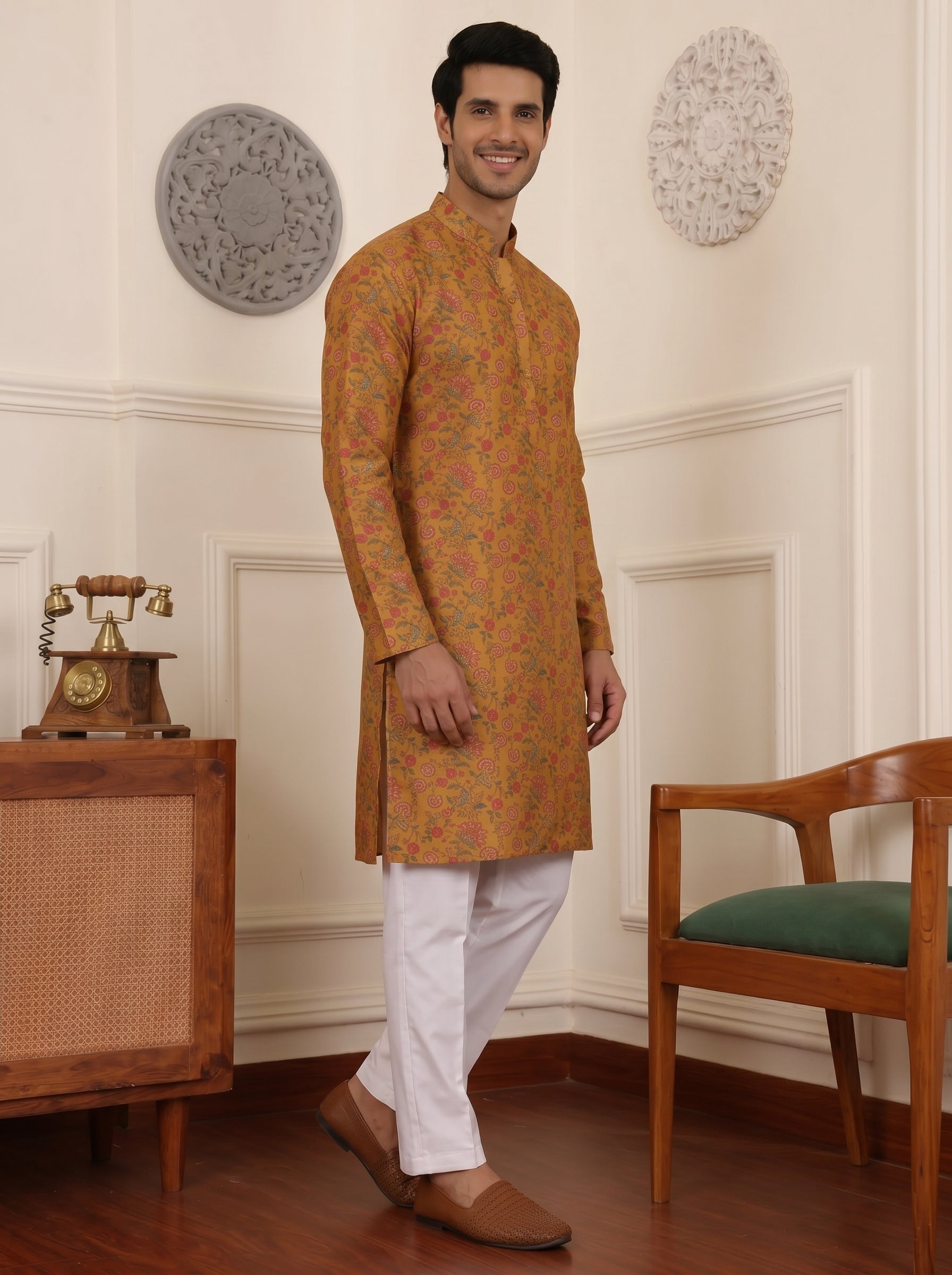 Aespen Mustard Cotton Silk Kurta For Men With Printed Ethnic Motif - Aespenfashion.com