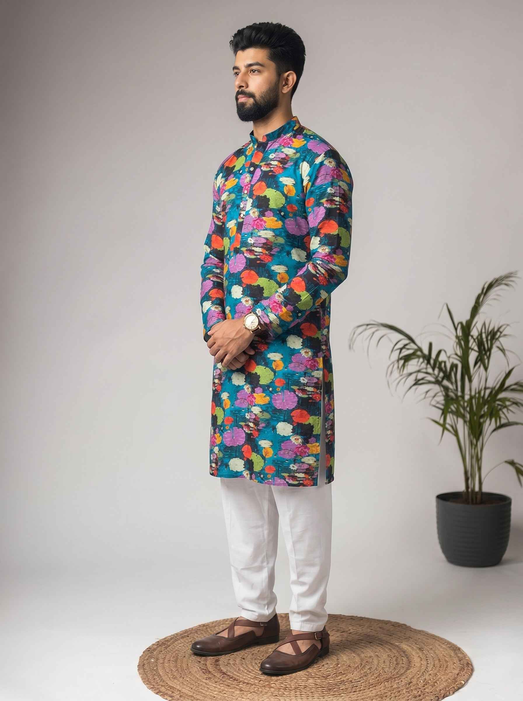 Aespen Teal Green Crepe Kurta For Men With Floral Motif