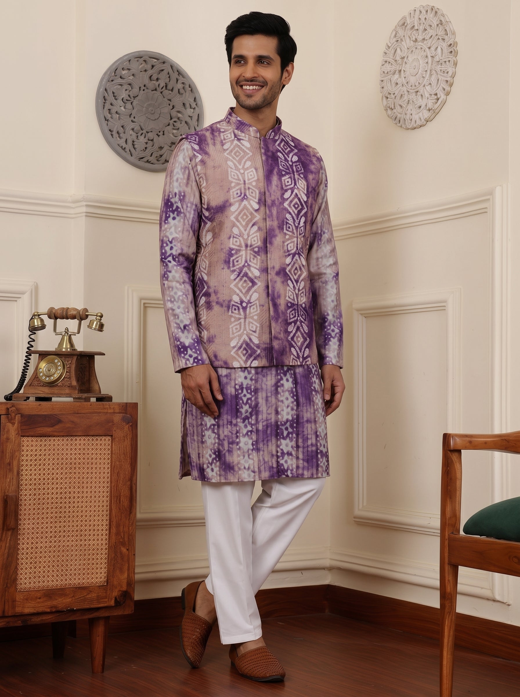 Aespen Purple Tie-Dye Kurta Jacket Set For Men With Thread Embroidery - Aespenfashion.com