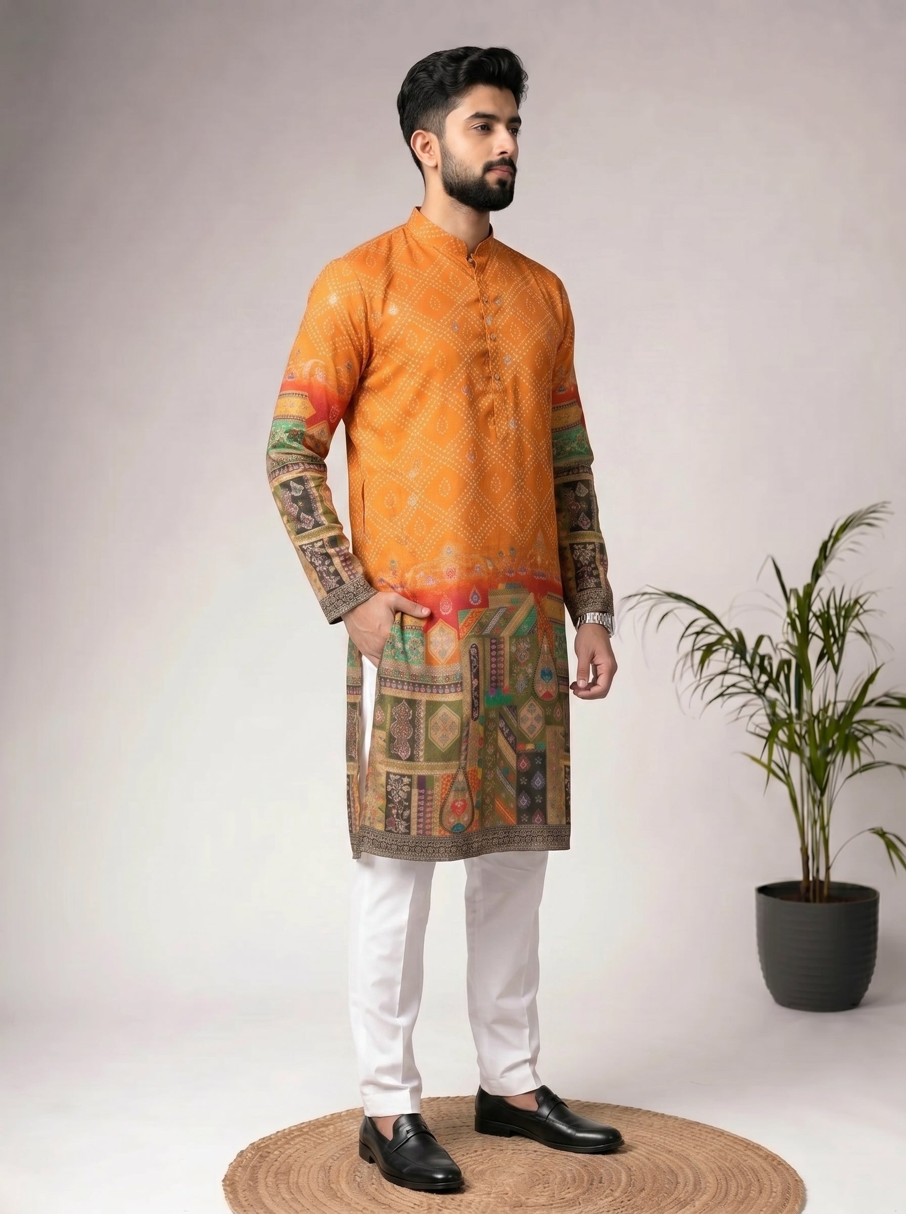 Aespen Mustard Jacquard Kurta For Men With Bandhani Print and Banarasi Weave - Aespenfashion.com