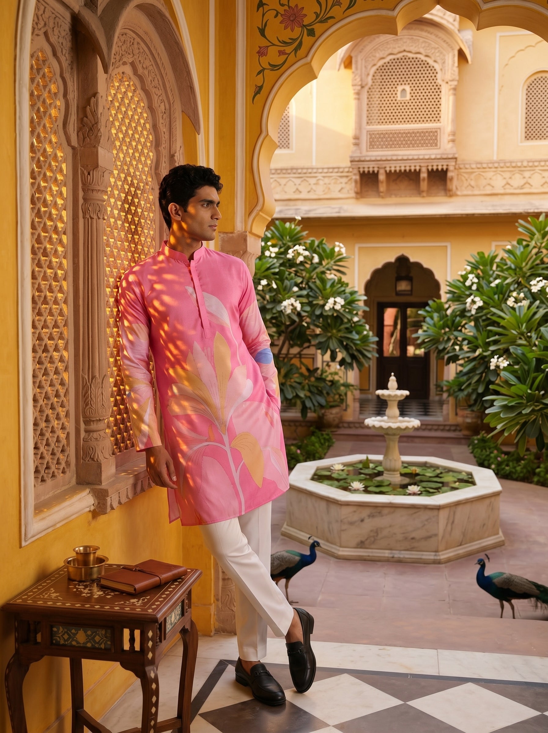 Aespen Pink Kurta For Men With Floral Golden Foil Print - Aespenfashion.com
