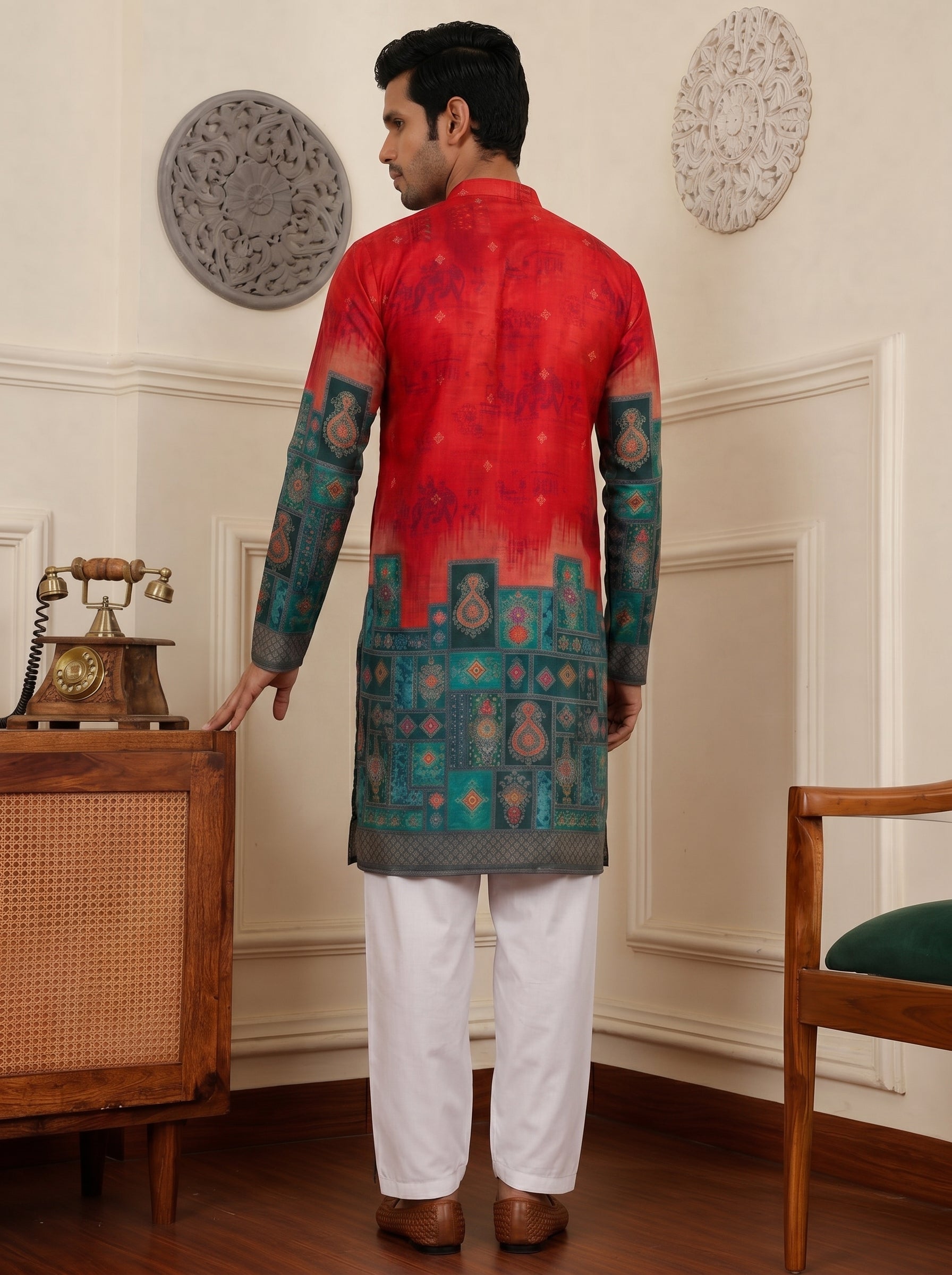 Aespen Red Jacquard Kurta For Men With Animal Motif and Banarasi Weave - Aespenfashion.com