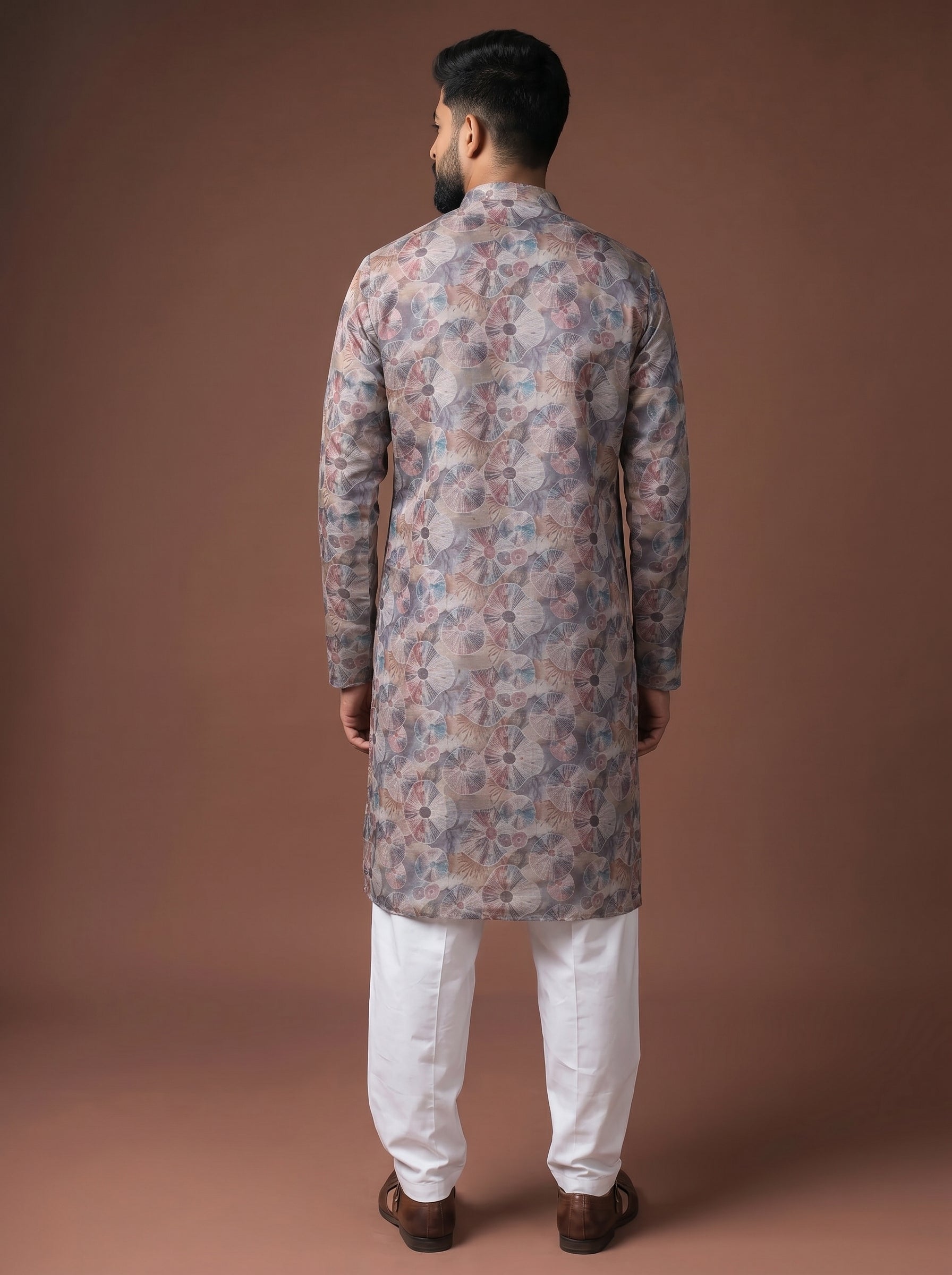 Aespen Grey Tissue Silk Kurta For Men With Abstract Motif - Aespenfashion.com