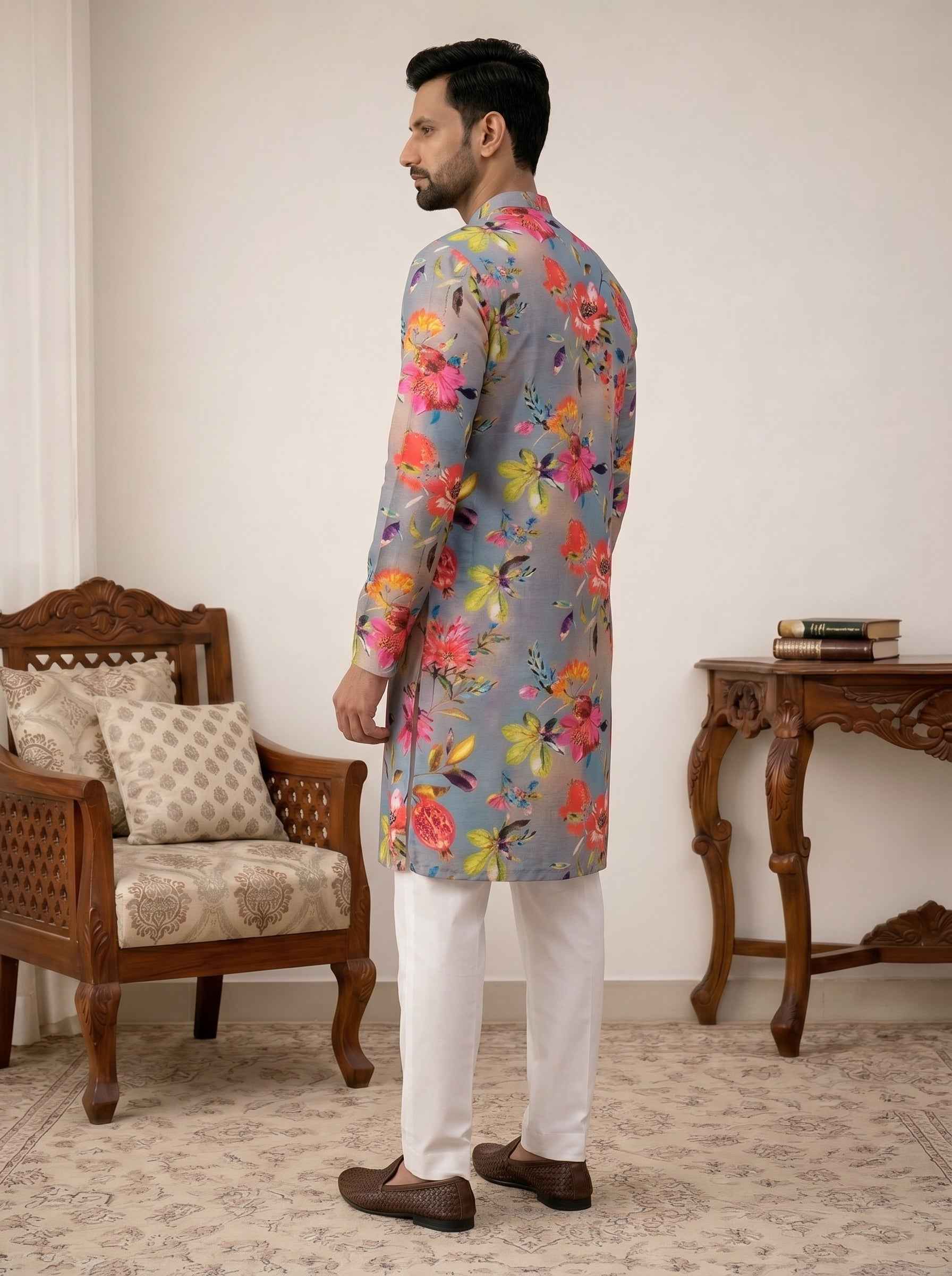 Aespen Ombre Grey Crepe Kurta For Men With Floral Motif
