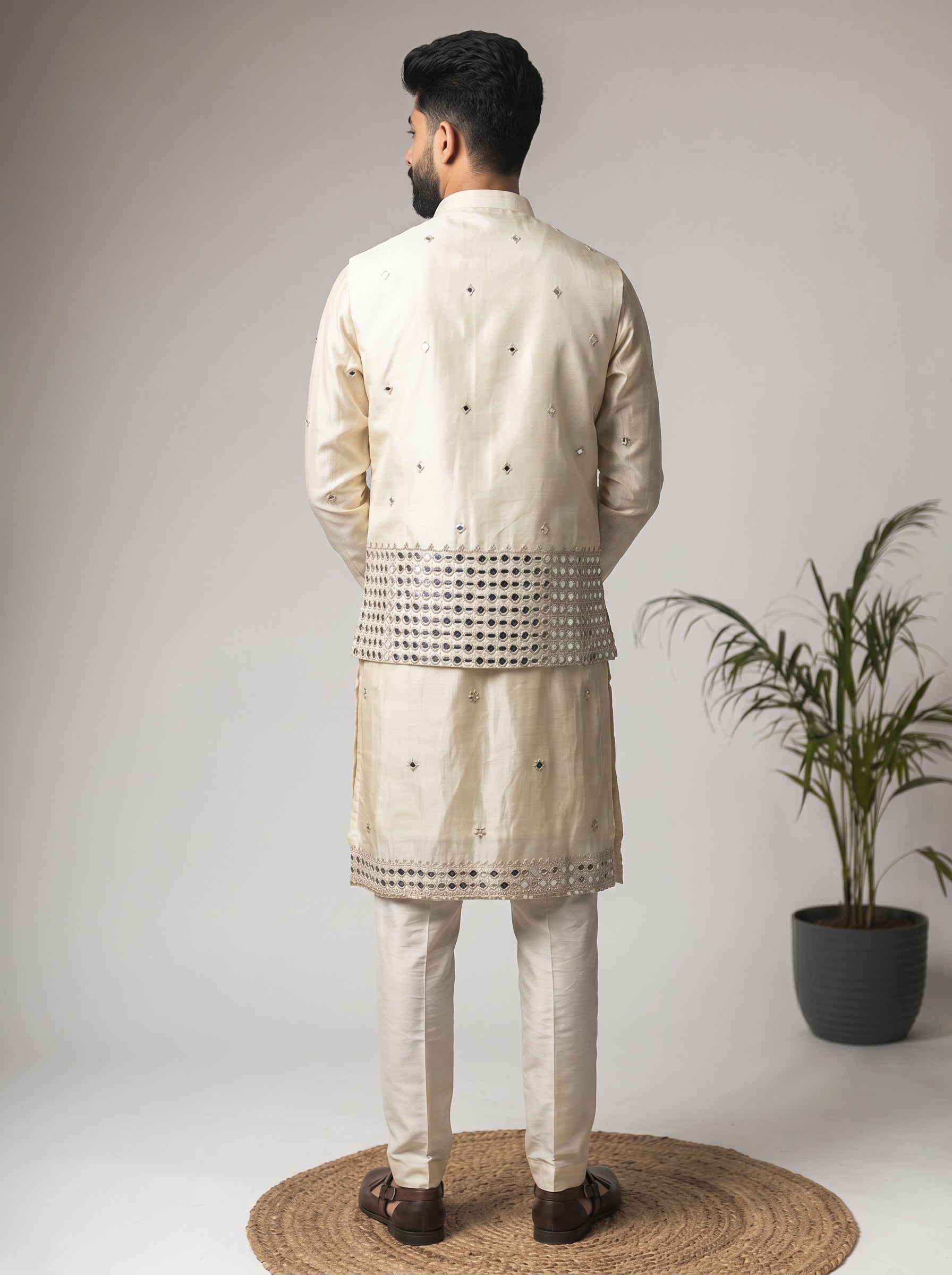 Aespen Beige Tissue Kurta Jacket Set For Men With Mirror Work Embroidery - Aespenfashion.com