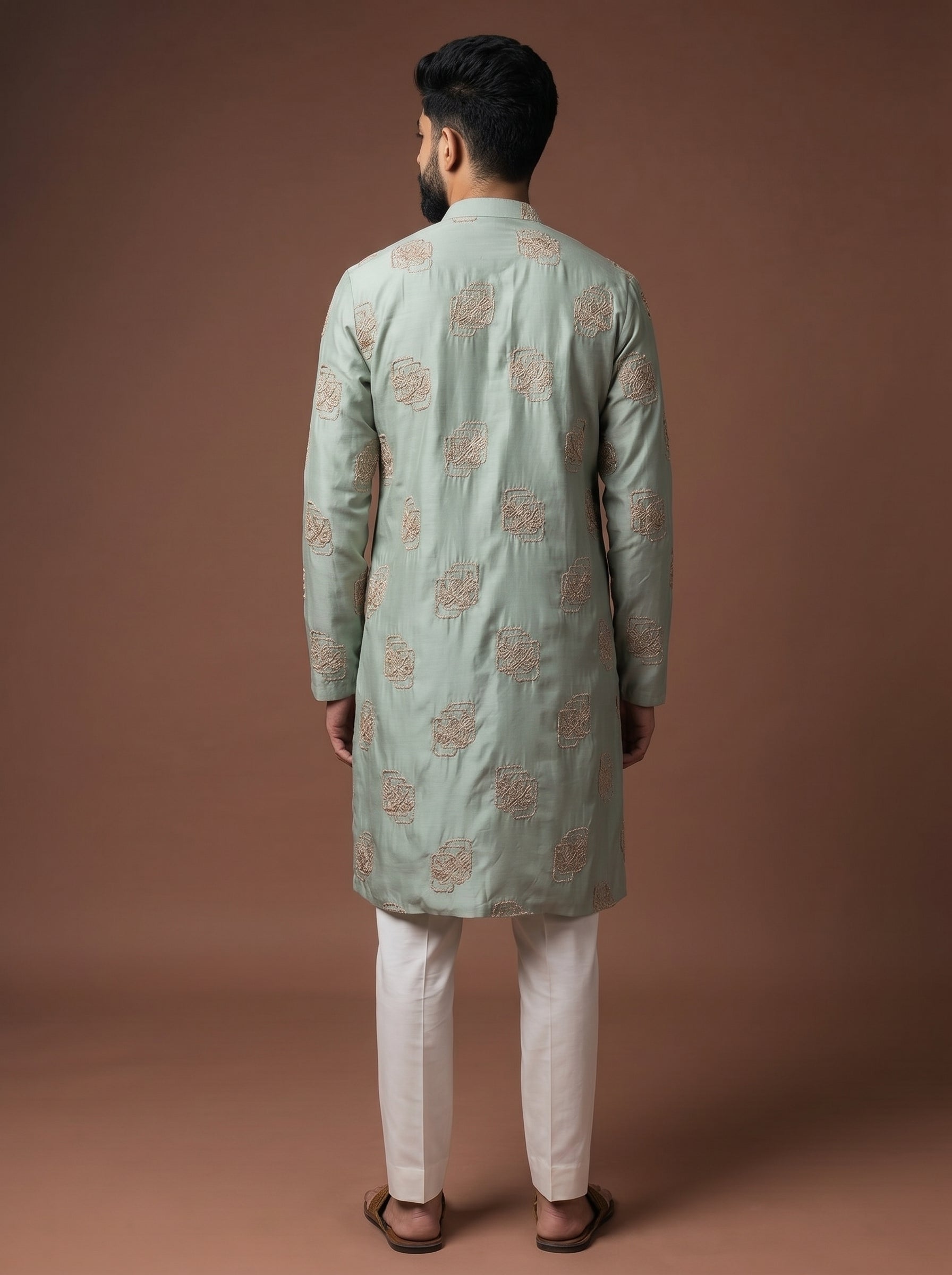 Aespen Sage Green Cotton Silk Kurta For Men With Floral Embroidered Pattern - Aespenfashion.com