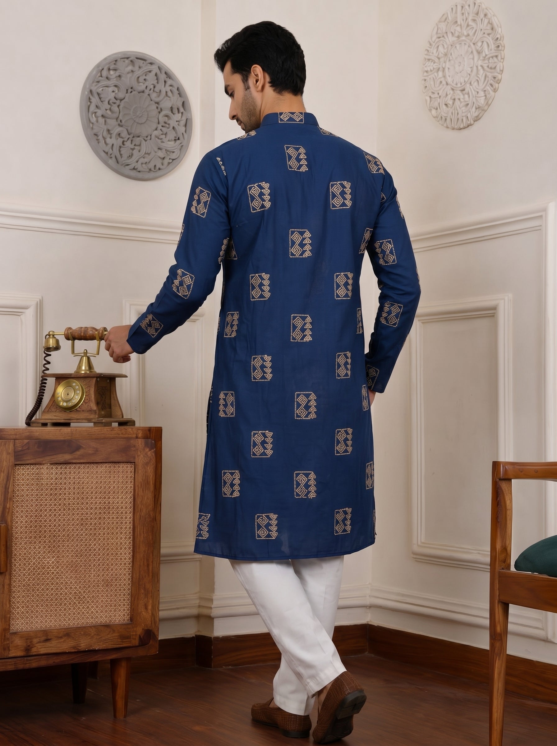Aespen Teal Blue Cotton Silk Kurta For Men With Goemetric Embroidered Pattern - Aespenfashion.com