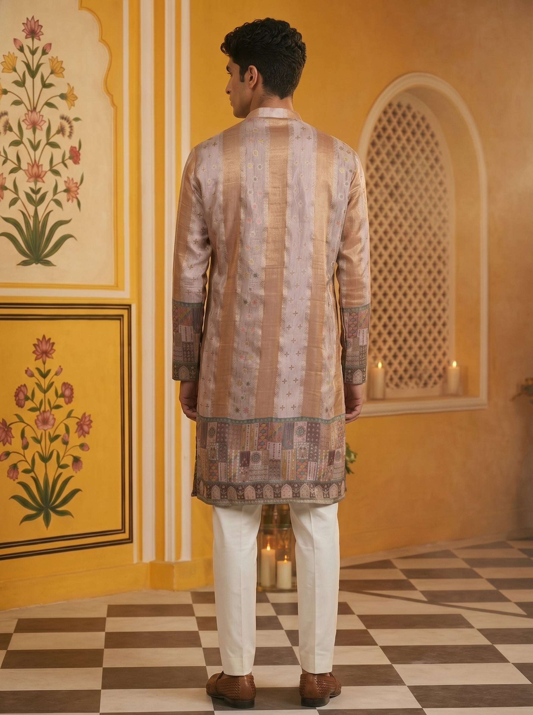 Aespen Beige Jacquard Kurta For Men With Floral Zari Embroidery - Aespenfashion.com