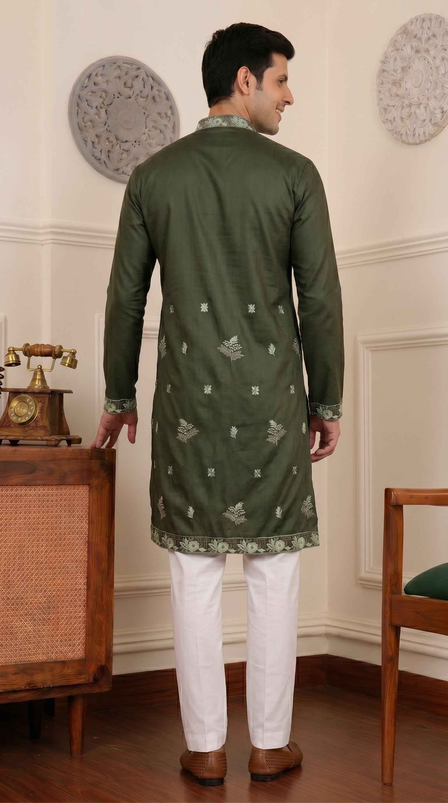 Aespen Olive Green Raw Silk Kurta For Men With Thread and Sequins Embroidery