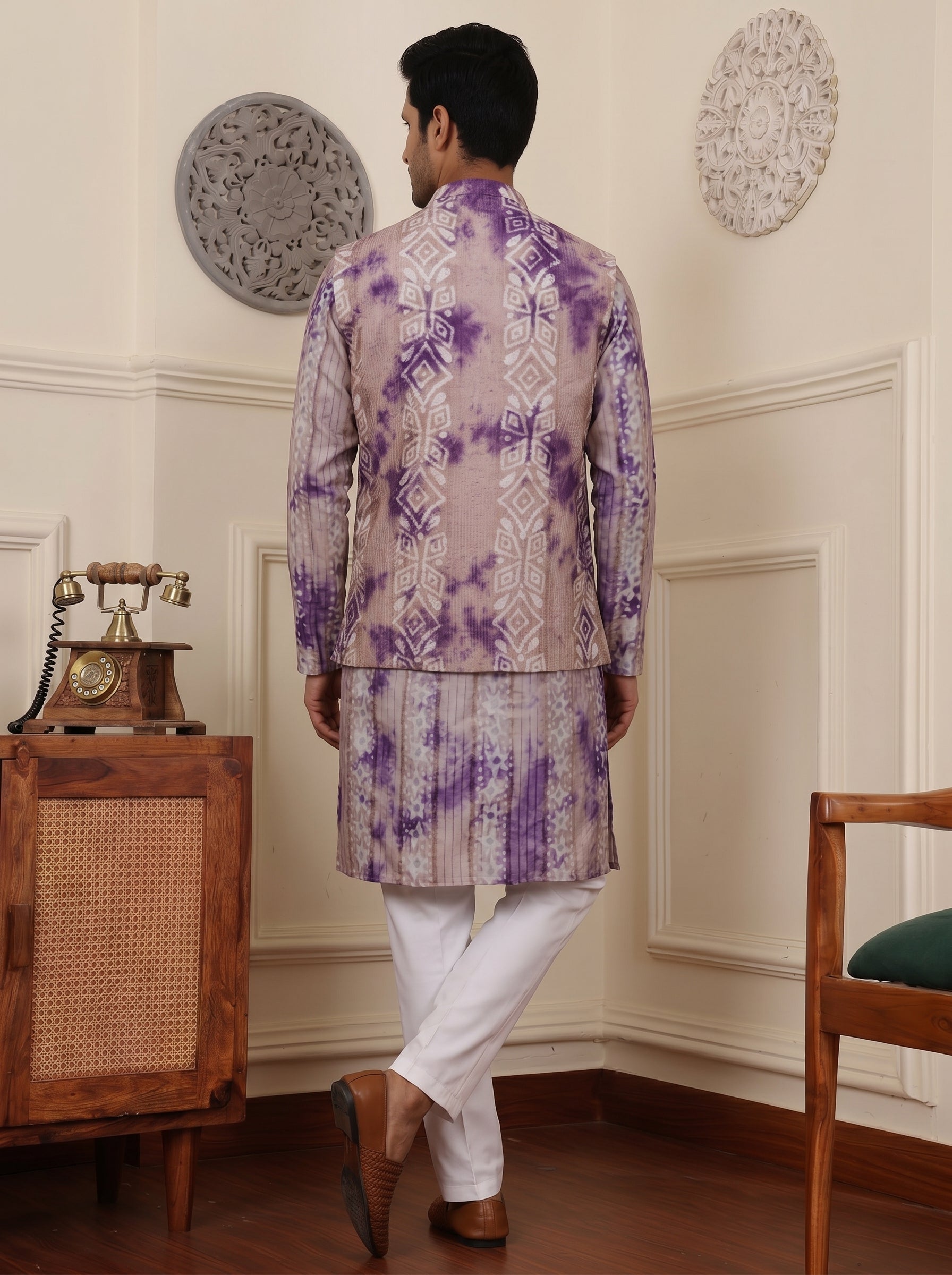 Aespen Purple Tie-Dye Kurta Jacket Set For Men With Thread Embroidery - Aespenfashion.com