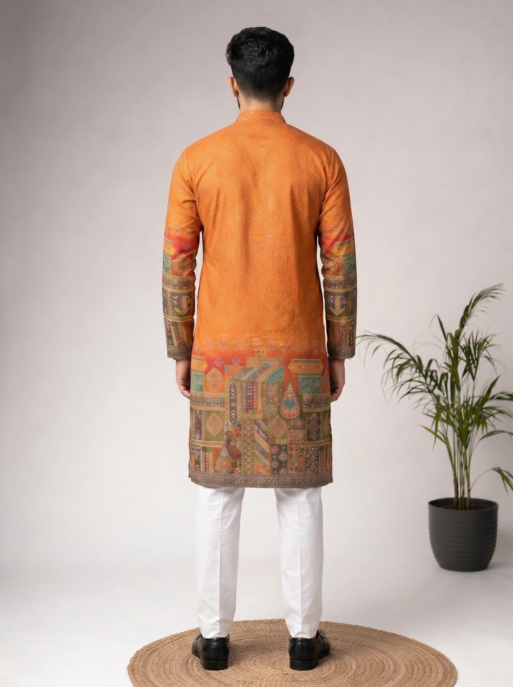 Aespen Mustard Jacquard Kurta For Men With Bandhani Print and Banarasi Weave - Aespenfashion.com