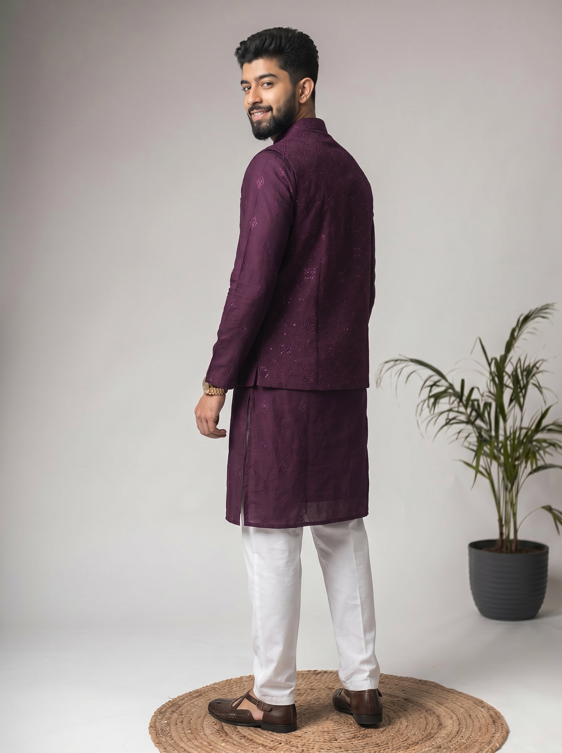 Aespen Purple Lurex Cotton Kurta Jacket Set For Men With Thread And Sequins Embroidery - Aespenfashion.com