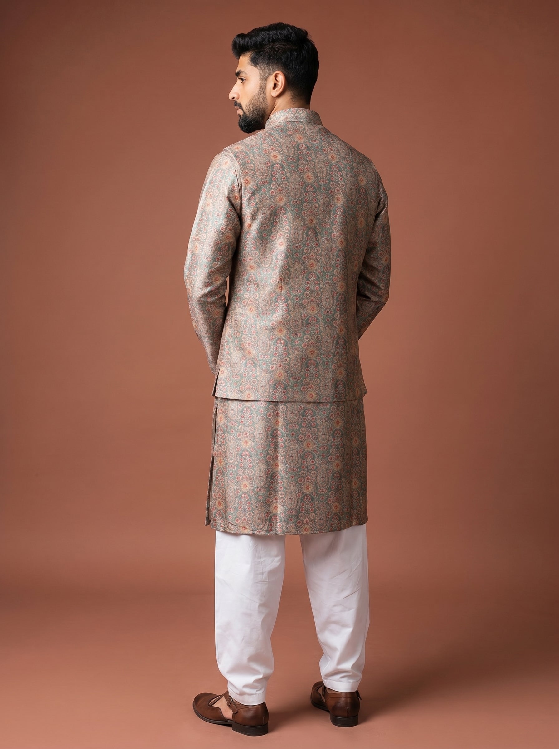 Aespen Green Multi Jaquard Kurta Jacket Set For Men With Printed Design - Aespenfashion.com