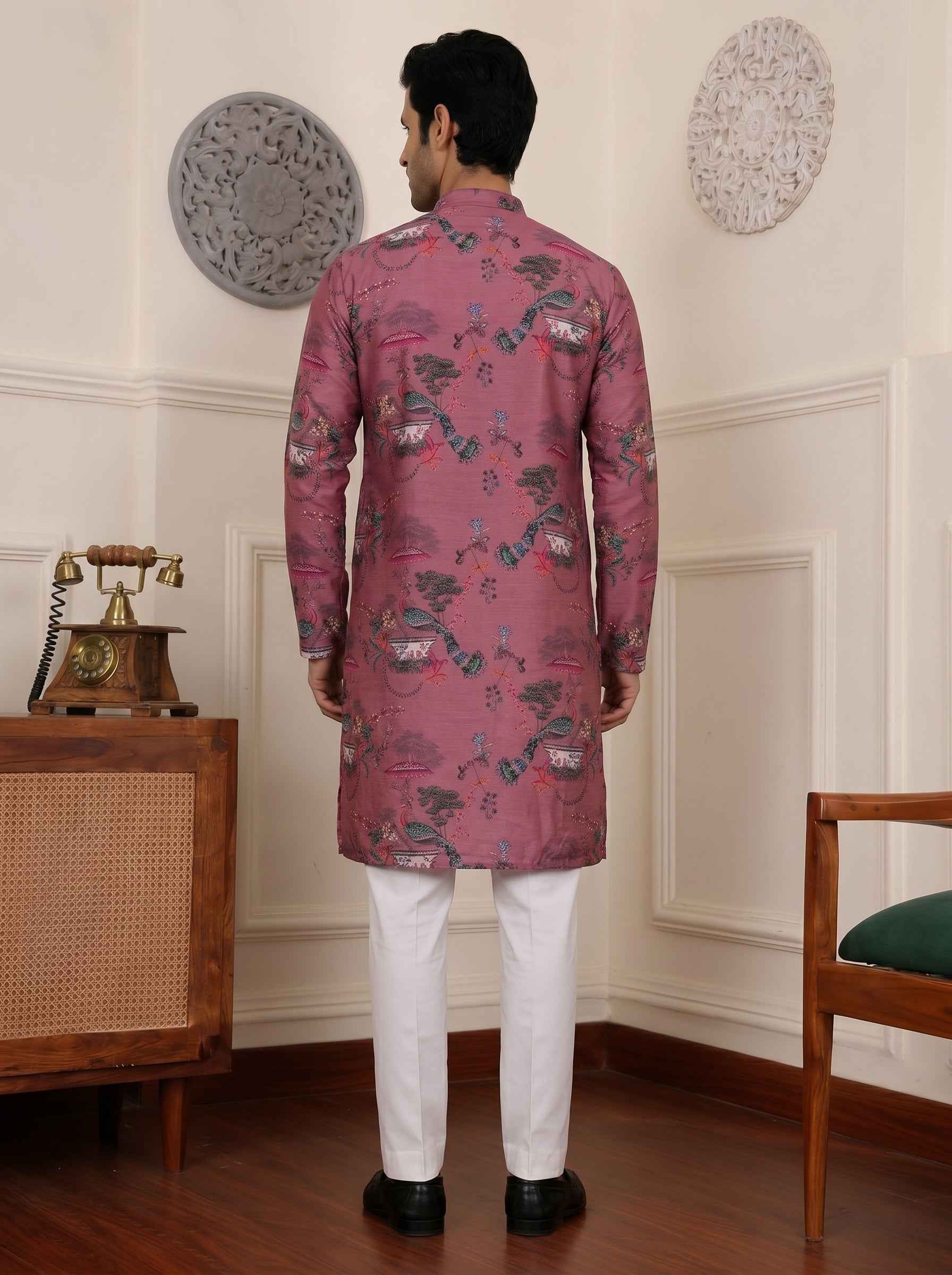 Aespen Mauve Crepe Kurta for Men with Botanical Print - Stylish and Comfortable Attire