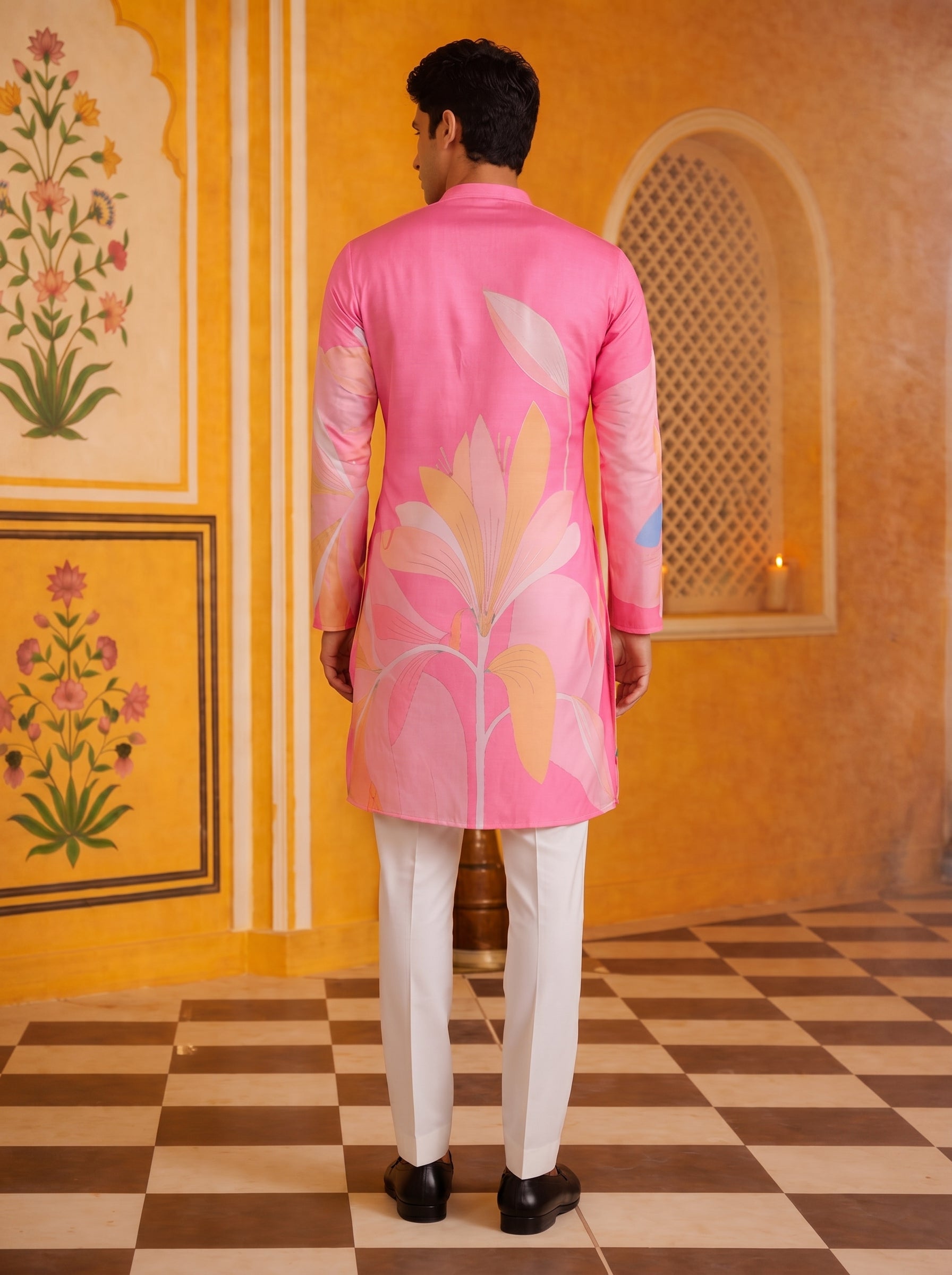 Aespen Pink Kurta For Men With Floral Golden Foil Print - Aespenfashion.com