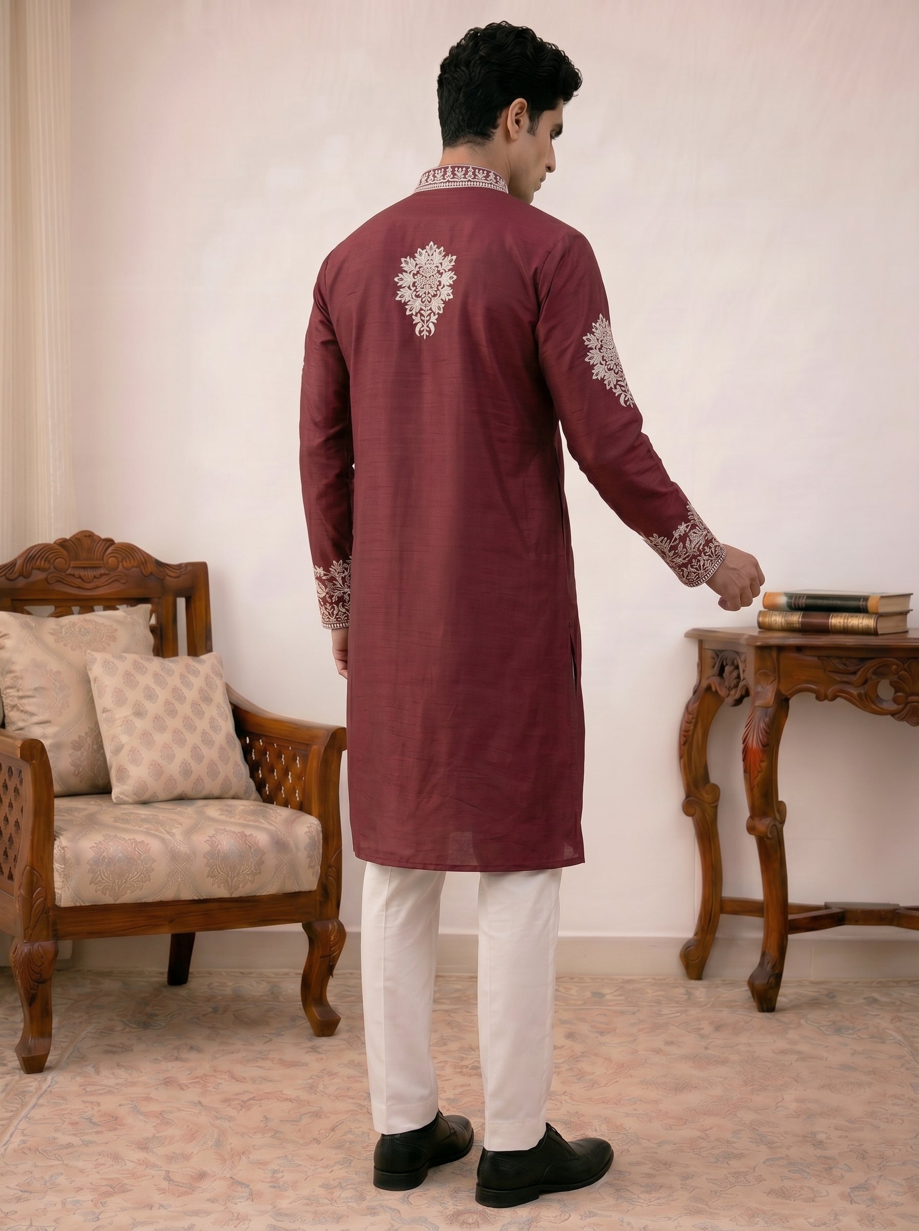 Aespen Wine Kurta For Men With Thread and Sequins Embroidery - Aespenfashion.com