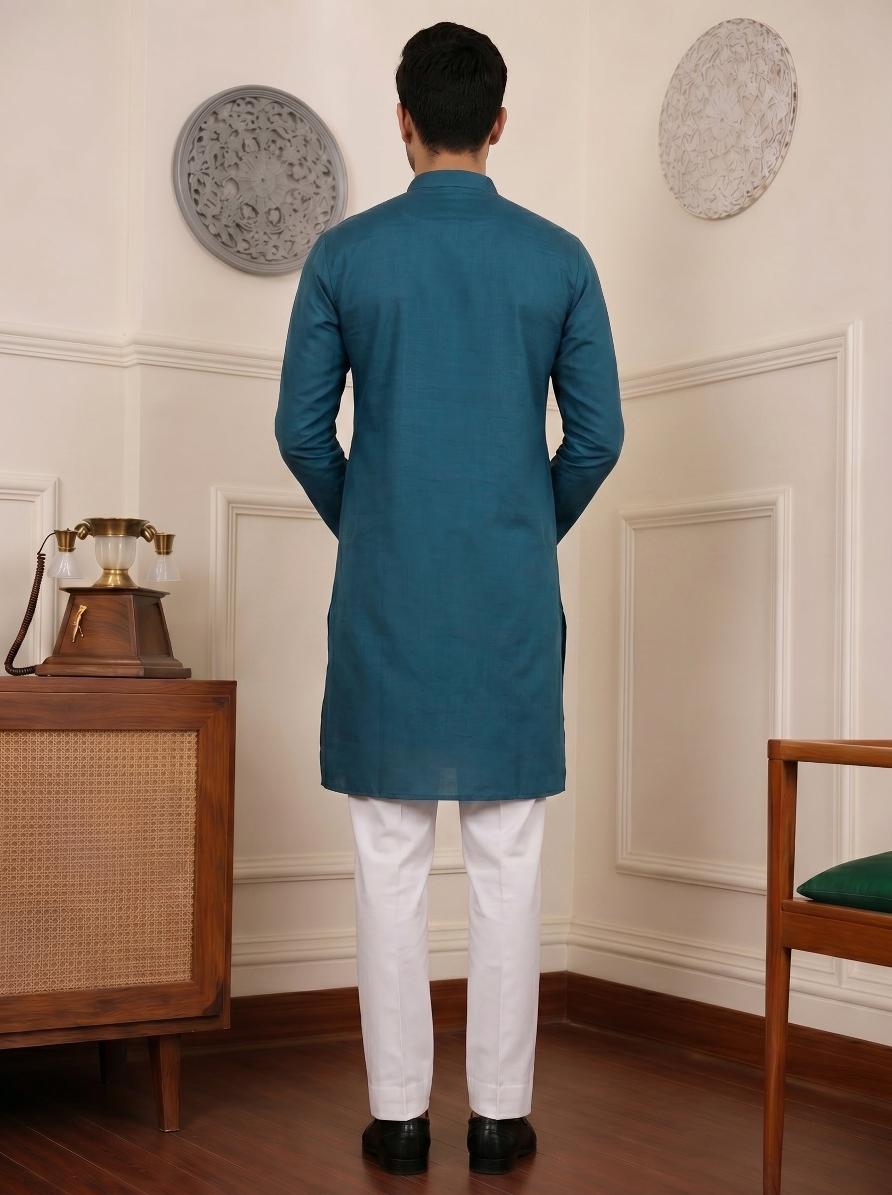 Aespen Teal Kurta For Men With Thread and Sequins Embroidery - Aespenfashion.com