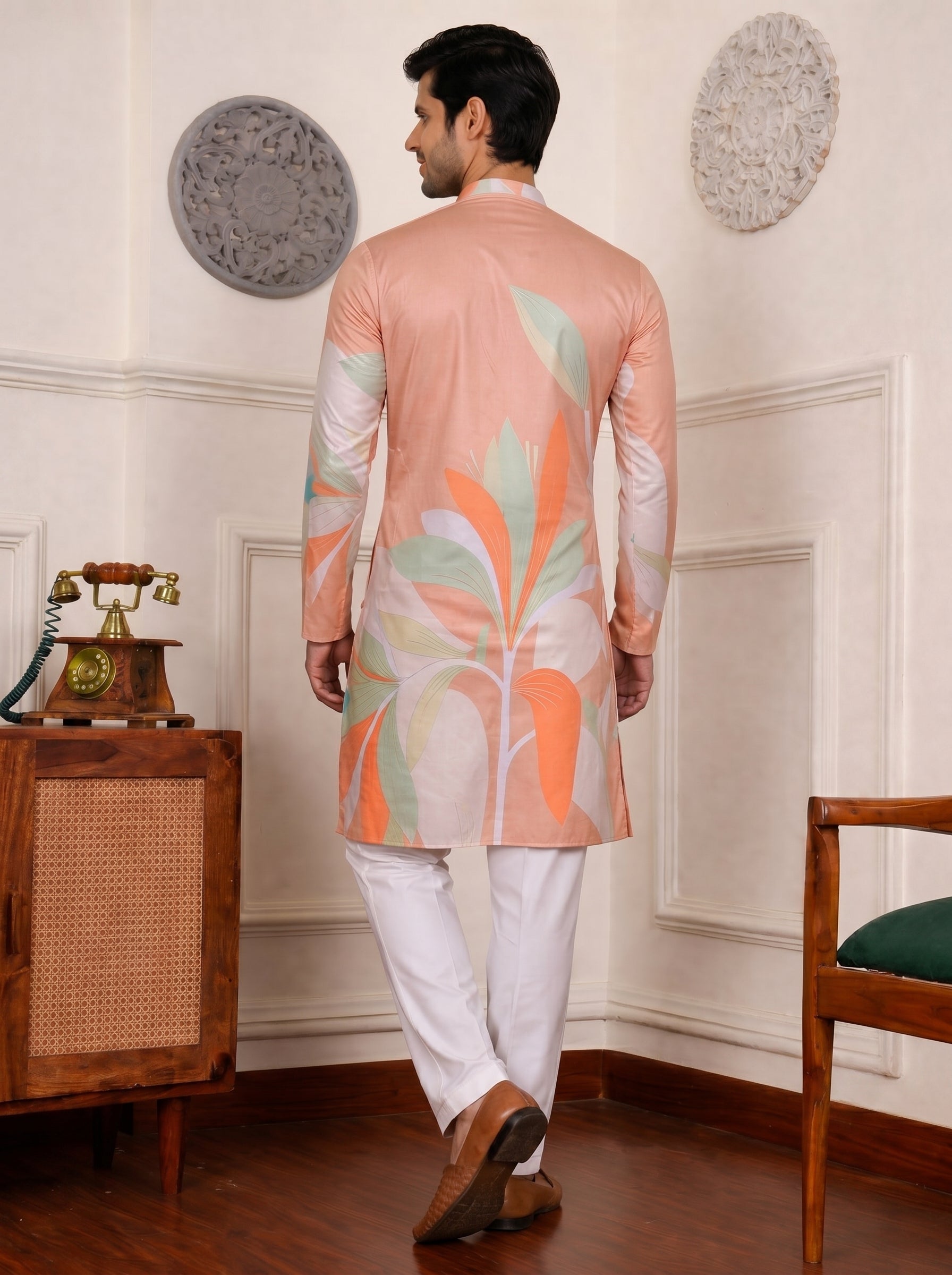Aespen Caramel Kurta For Men With Floral Foil Print - Aespenfashion.com