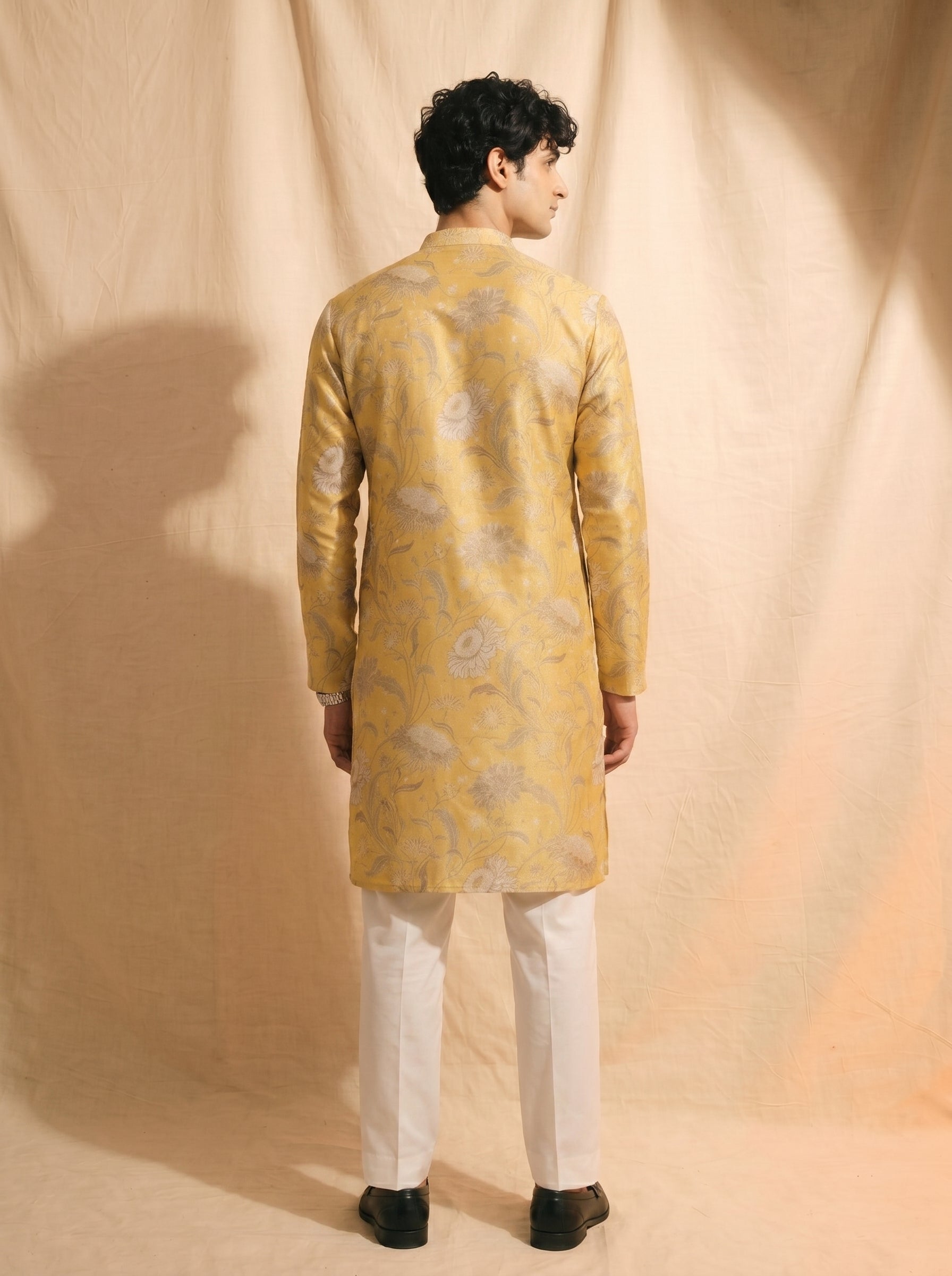 Aespen Mustard Tissue Silk Kurta For Men With Floral Motif - Aespenfashion.com