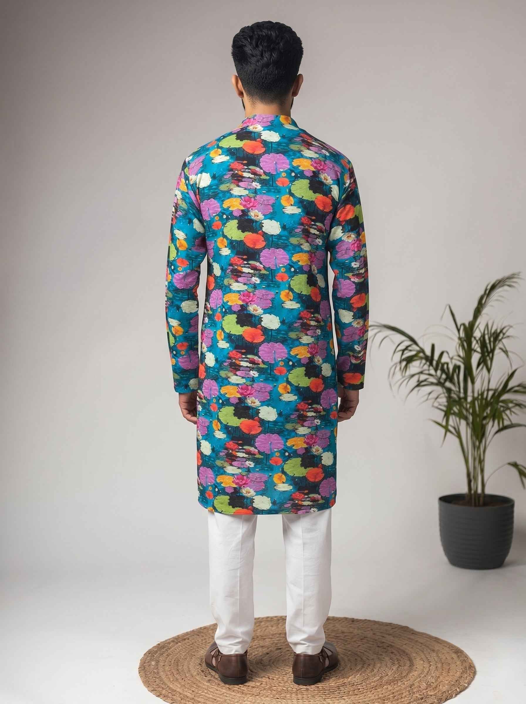 Aespen Teal Green Crepe Kurta For Men With Floral Motif