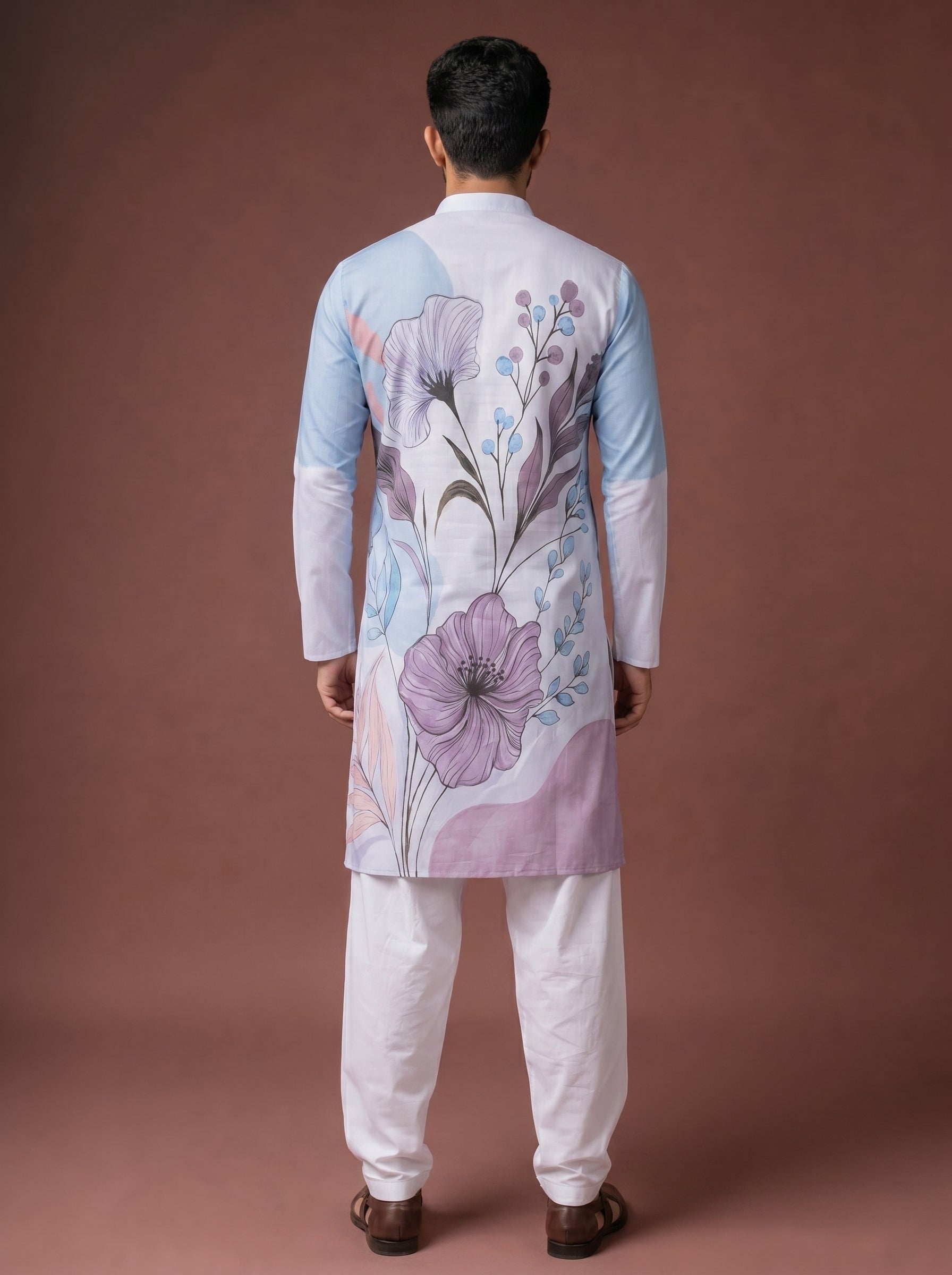 Aespen Light Blue  Kurta For Men With Floral Foil Print - Aespenfashion.com