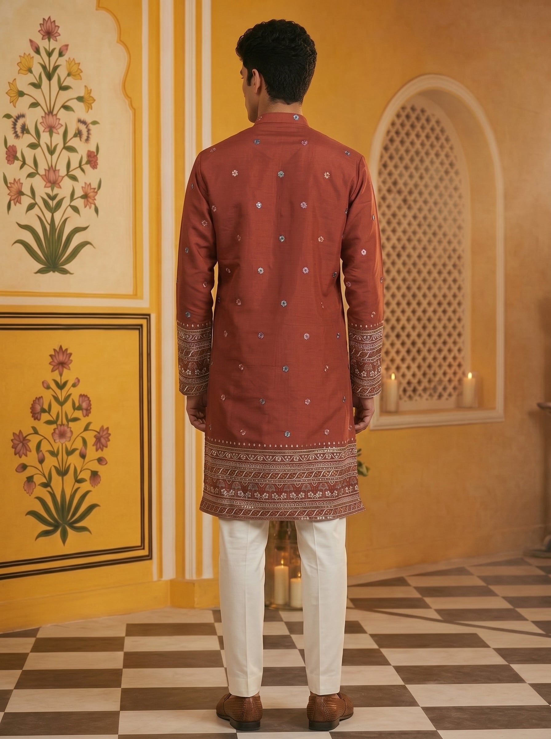 Aespen Maroon Kurta For Men With Thread and Sequins Embroidery - Aespenfashion.com