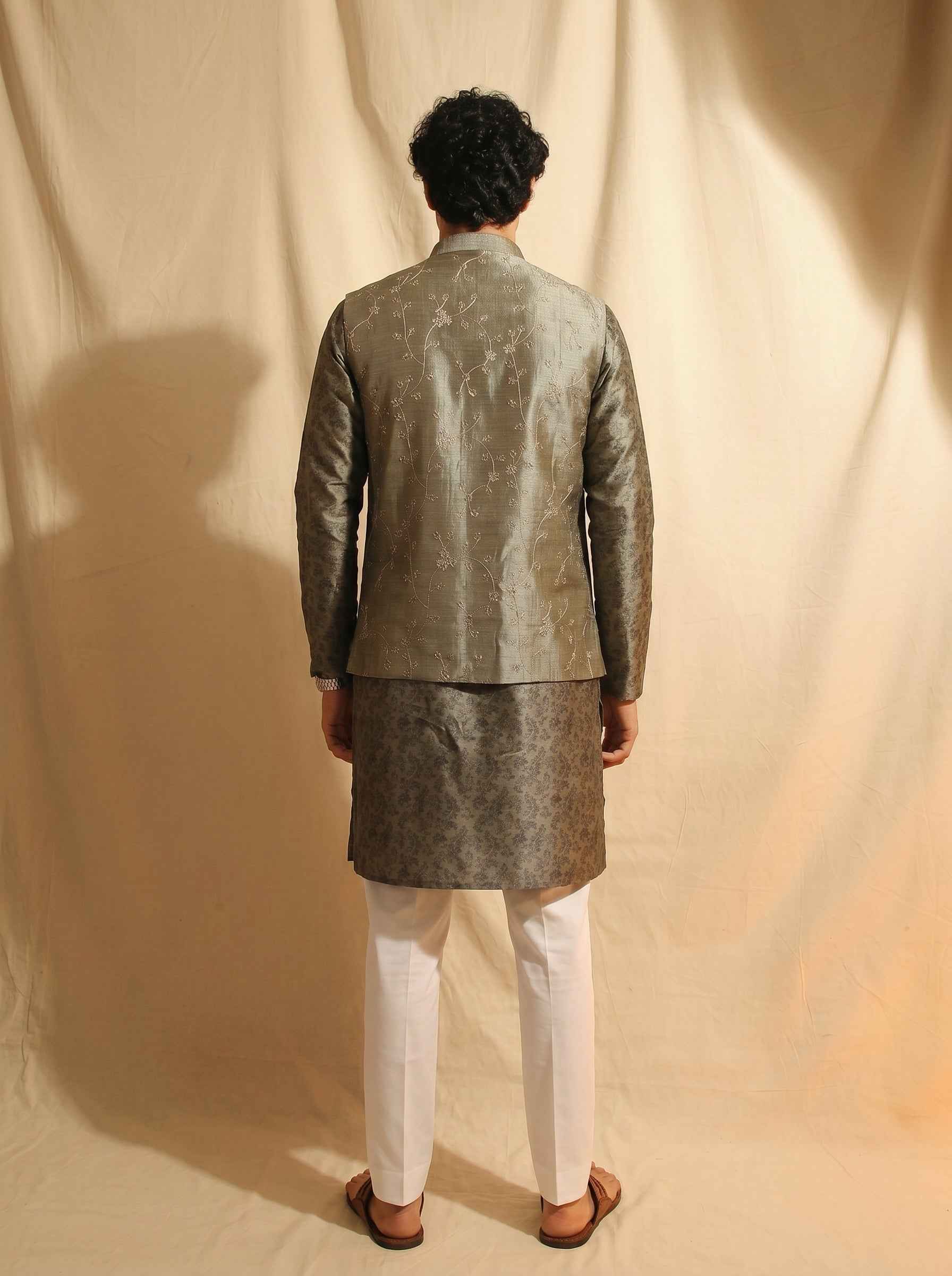 Aespen Olive Tussar Silk Kurta Jacket Set For Men With Zari Embroidery