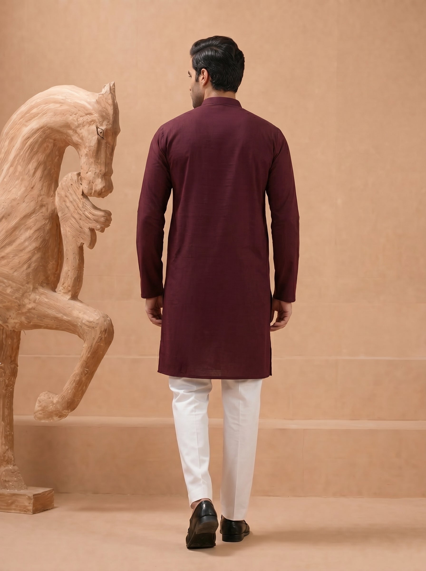 Aespen Rich Maroon Cotton Silk Kurta For Men - Aespenfashion.com