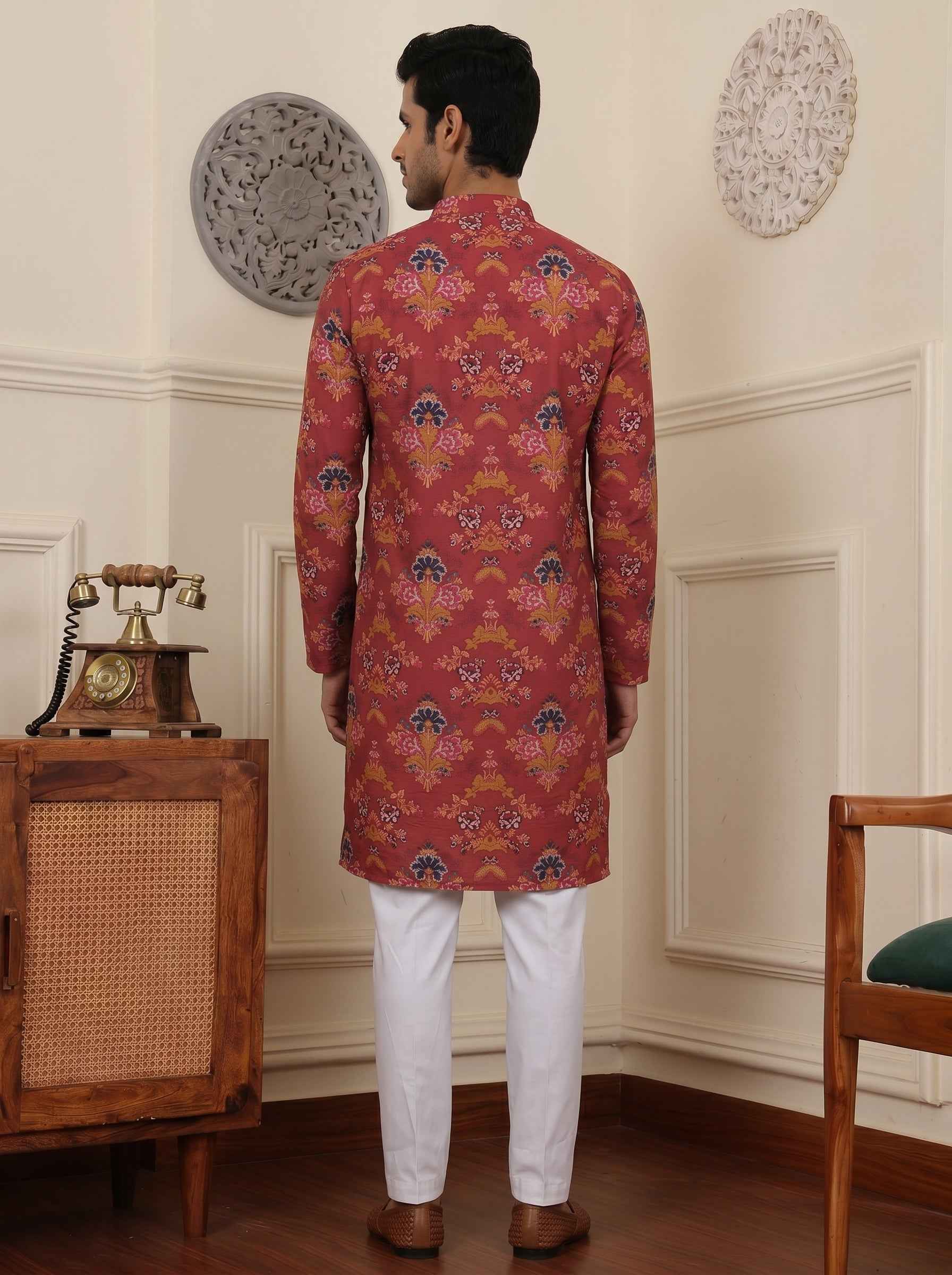 Aespen Maroon Crepe Kurta For Men With Ethnic Motif