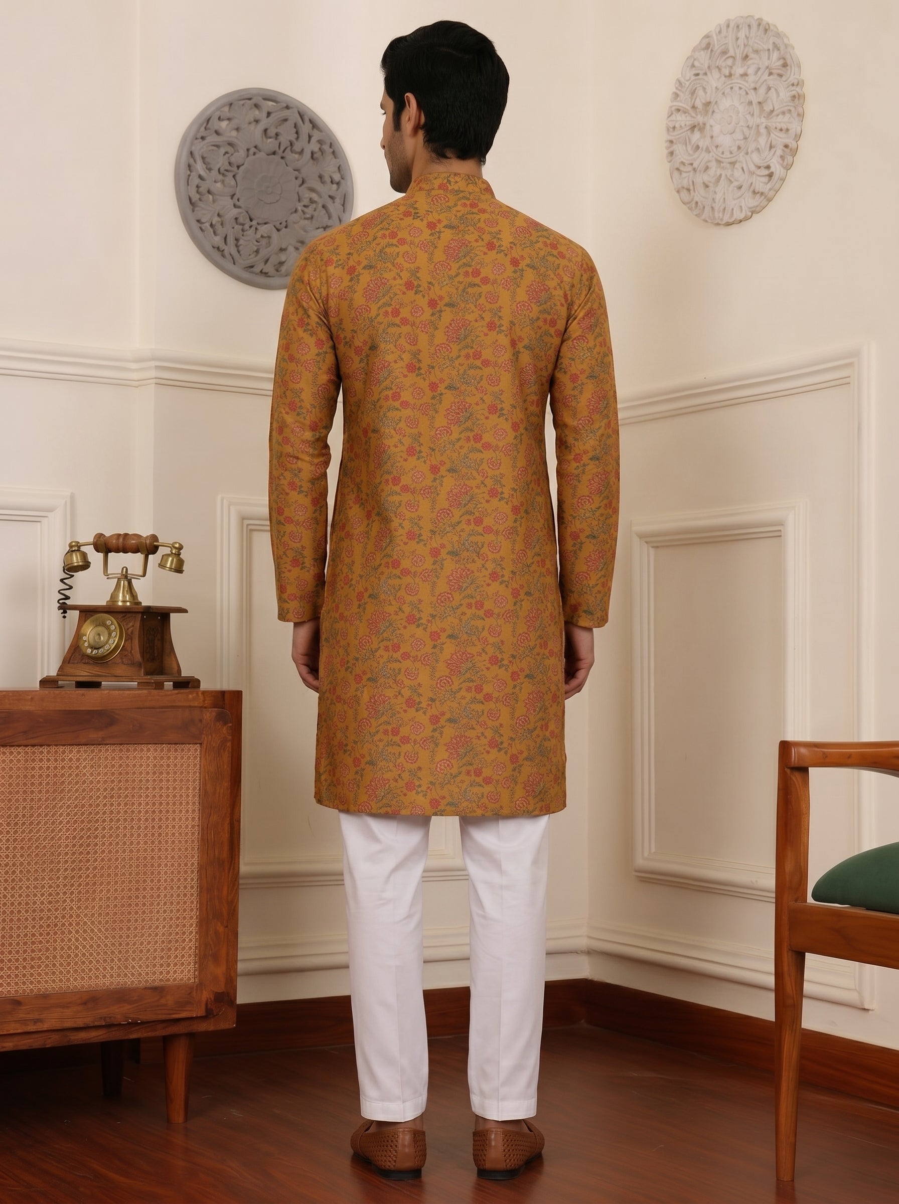 Aespen Mustard Cotton Silk Kurta For Men With Printed Ethnic Motif - Aespenfashion.com
