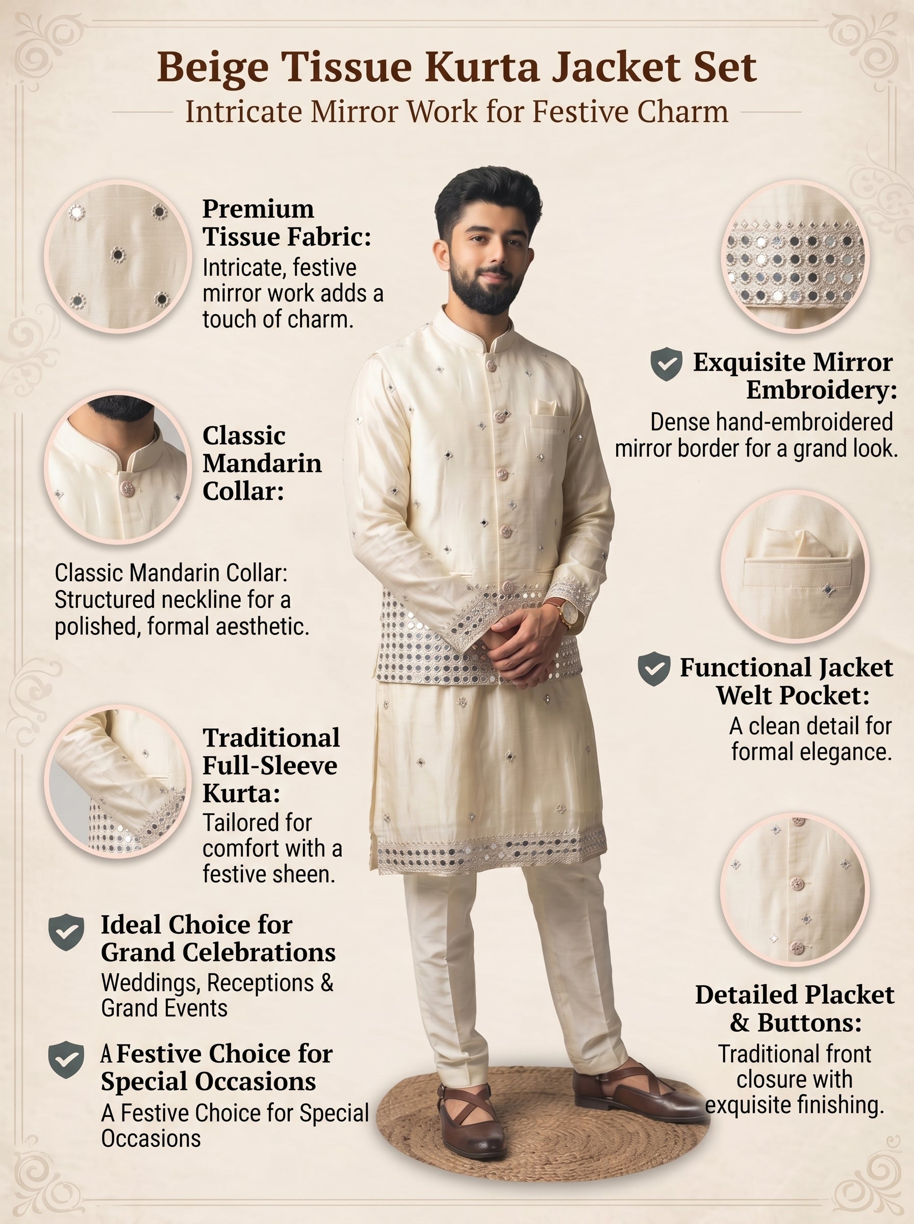 Aespen Beige Tissue Kurta Jacket Set For Men With Mirror Work Embroidery - Aespenfashion.com