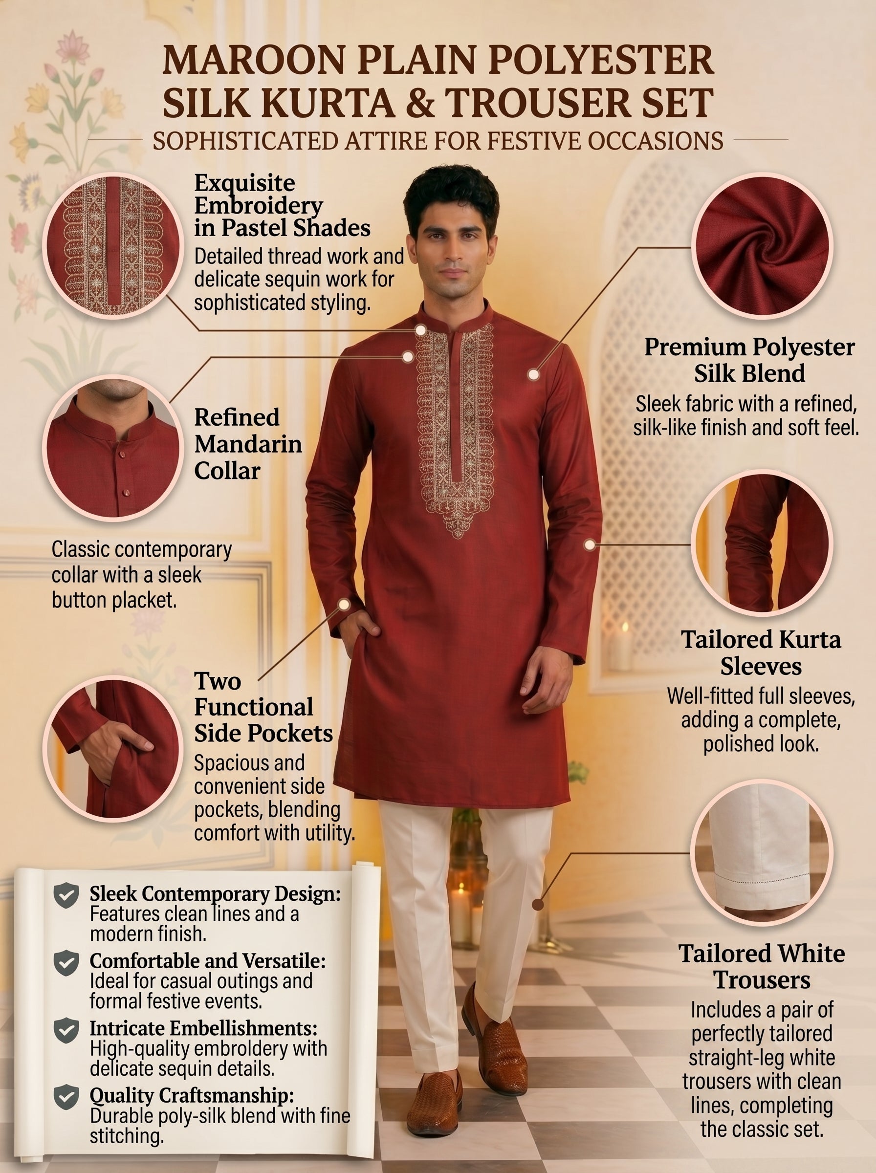 Aespen Maroon Kurta For Men With Thread and Sequins Embroidery Work - Aespenfashion.com