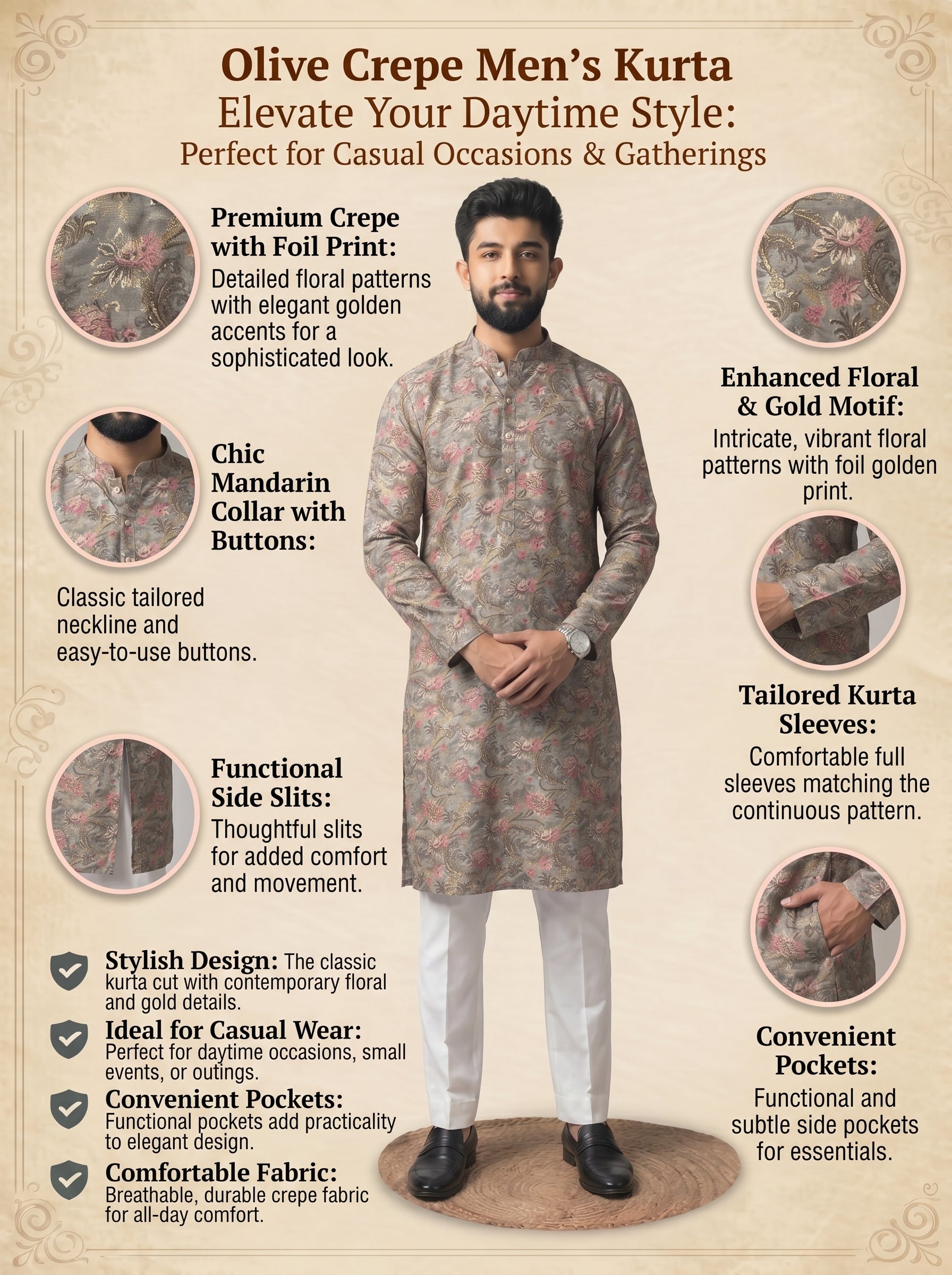Aespen Olive Crepe Kurta For Men With Ethnic Motif - Aespenfashion.com
