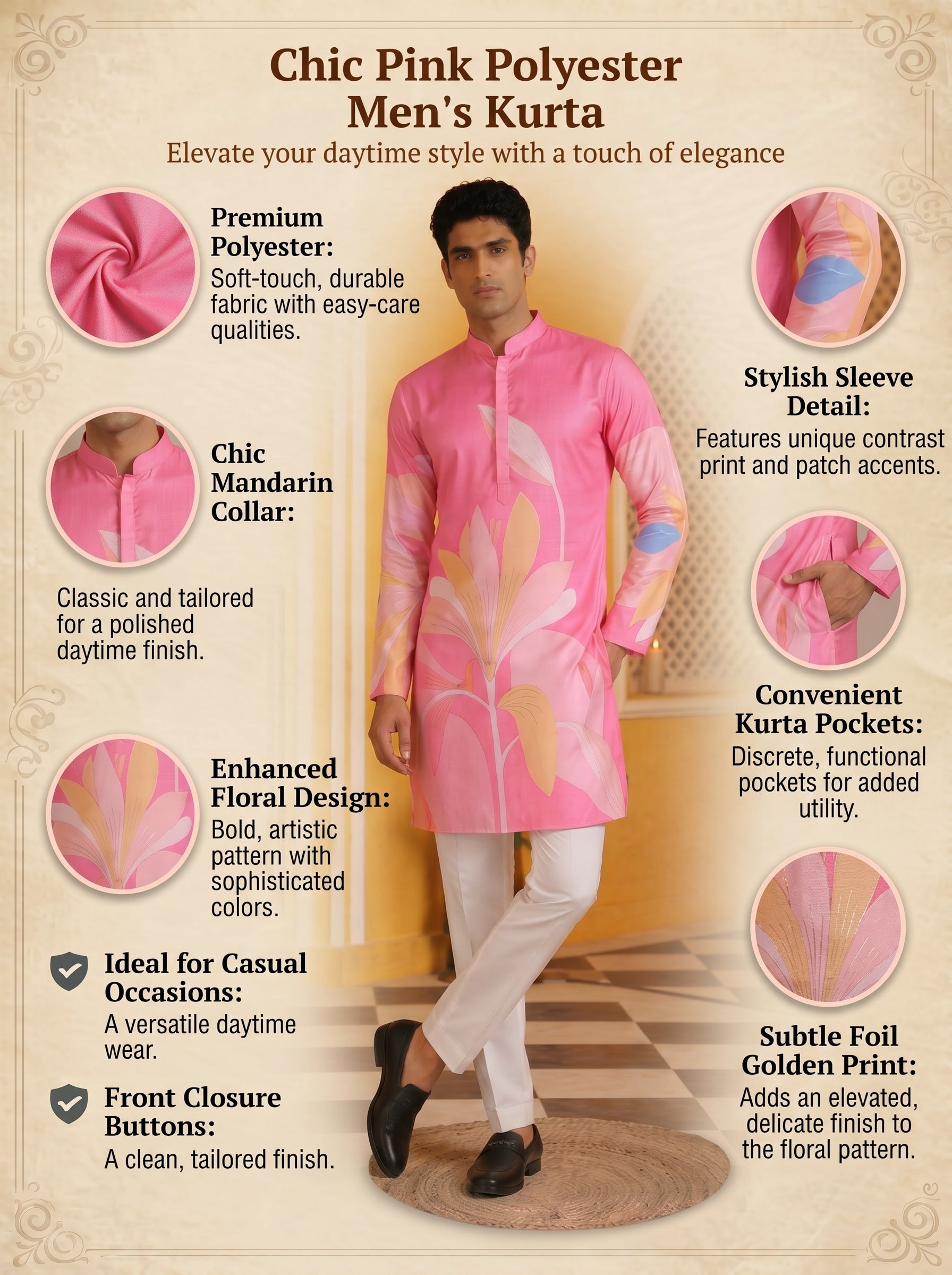 Aespen Pink Kurta For Men With Floral Golden Foil Print - Aespenfashion.com