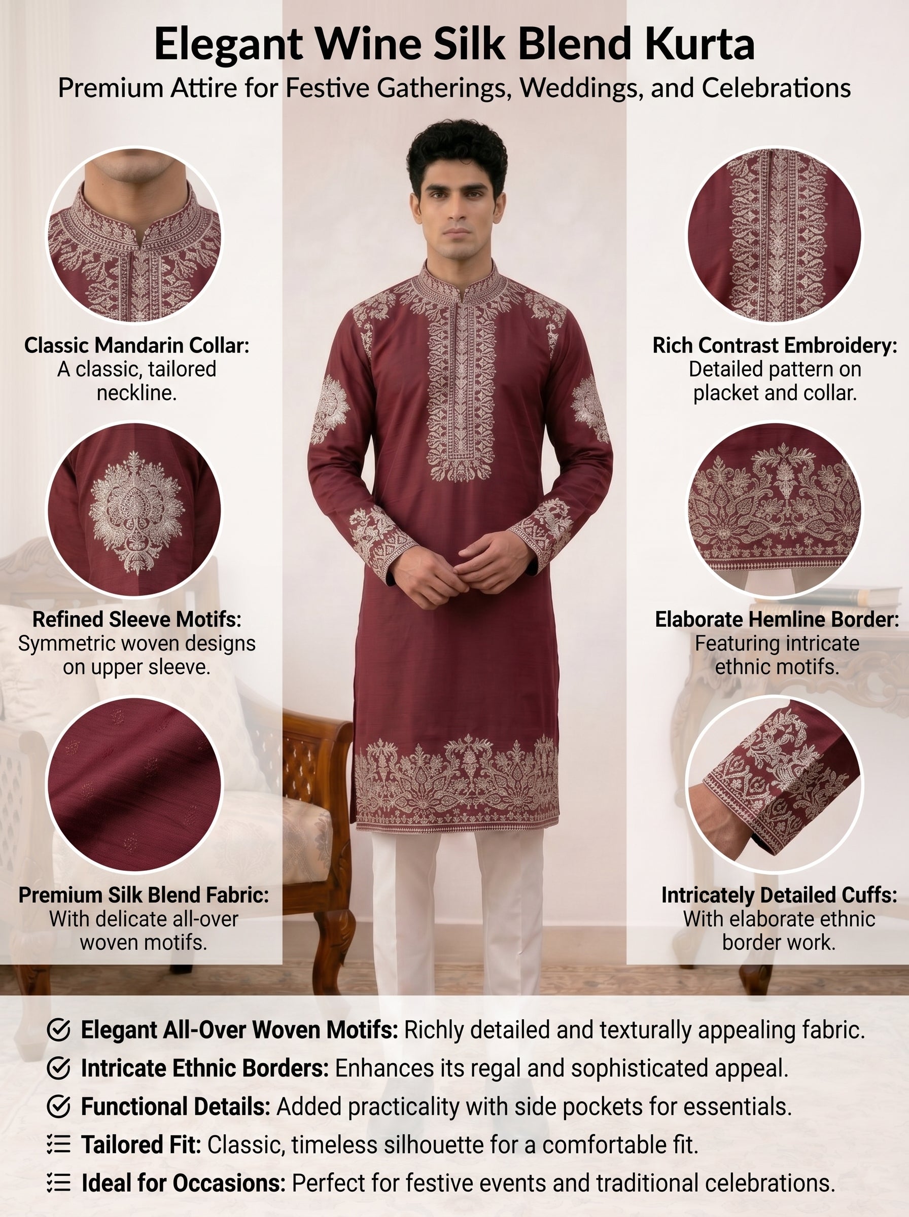 Aespen Wine Kurta For Men With Thread and Sequins Embroidery - Aespenfashion.com