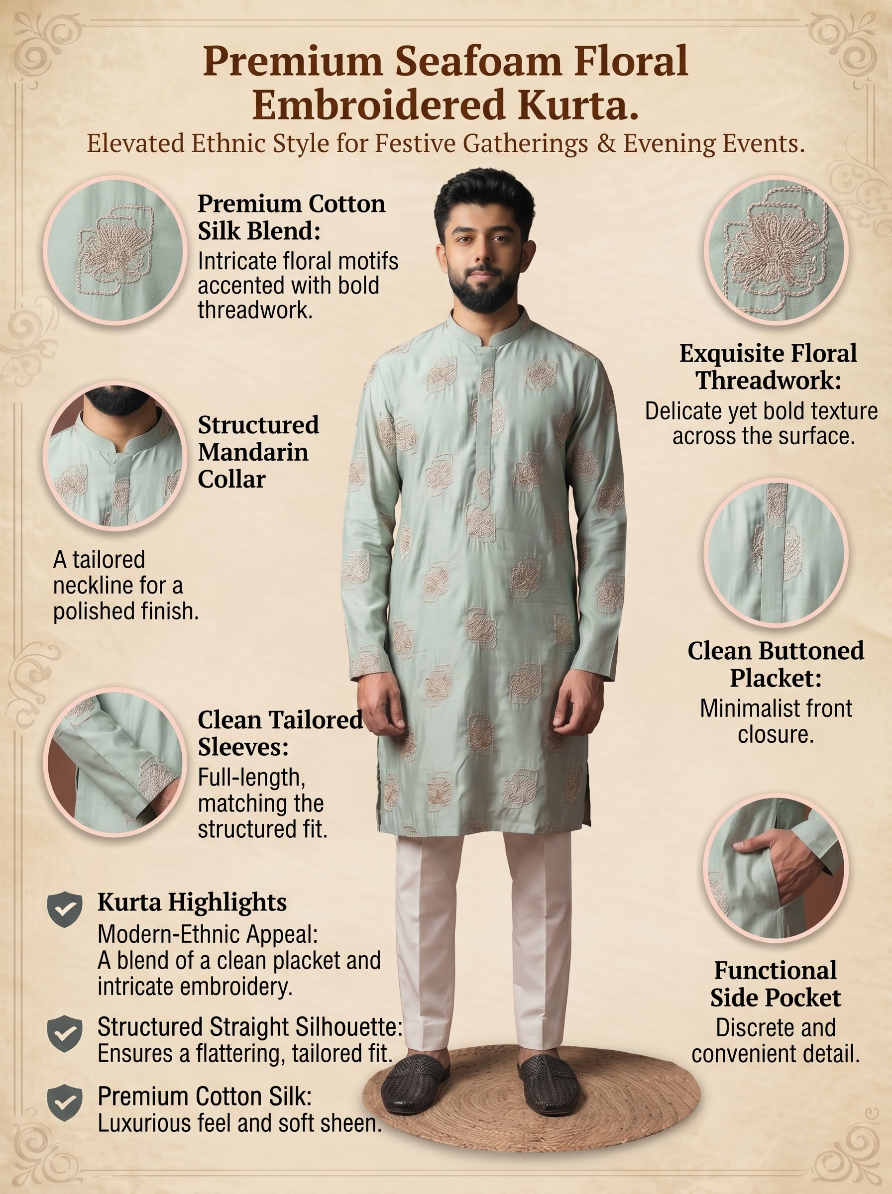 Aespen Sage Green Cotton Silk Kurta For Men With Floral Embroidered Pattern - Aespenfashion.com