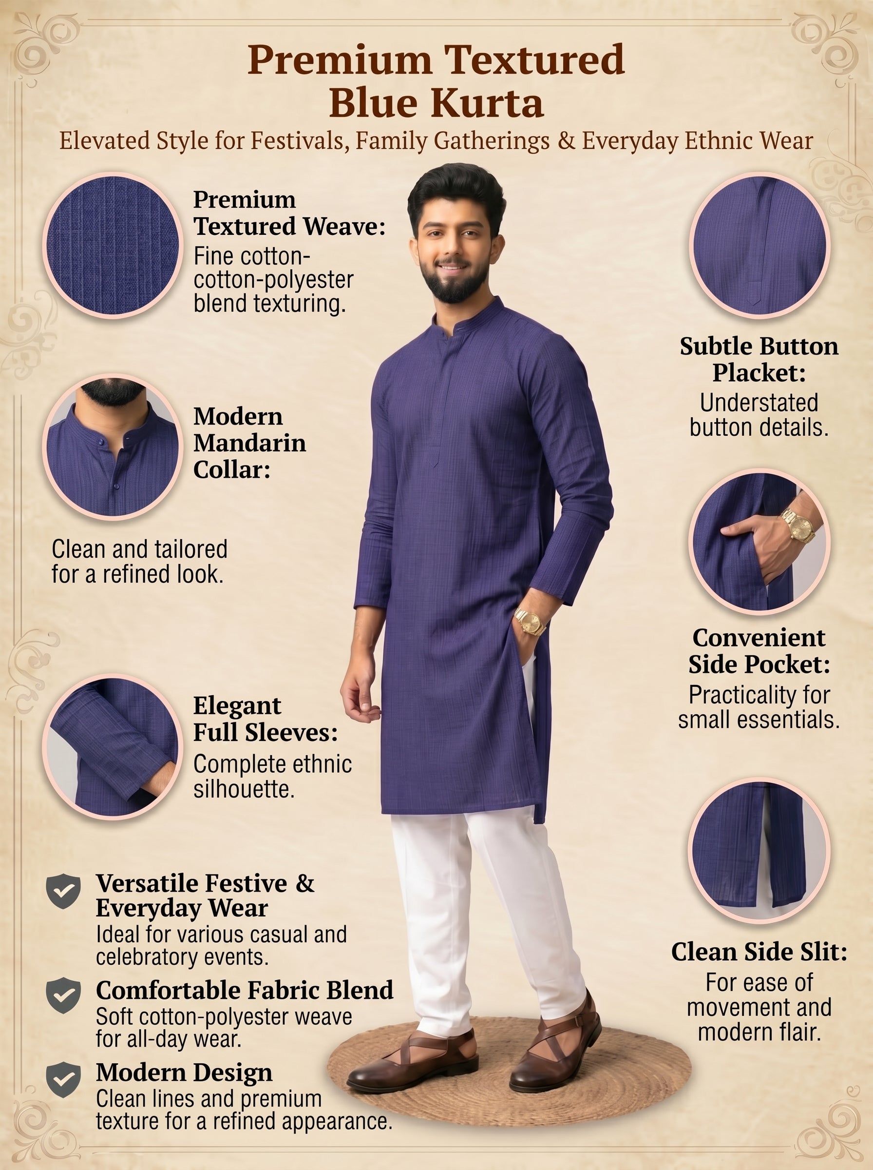 Aespen Blue Kurta For Men With Textured Weave - Aespenfashion.com