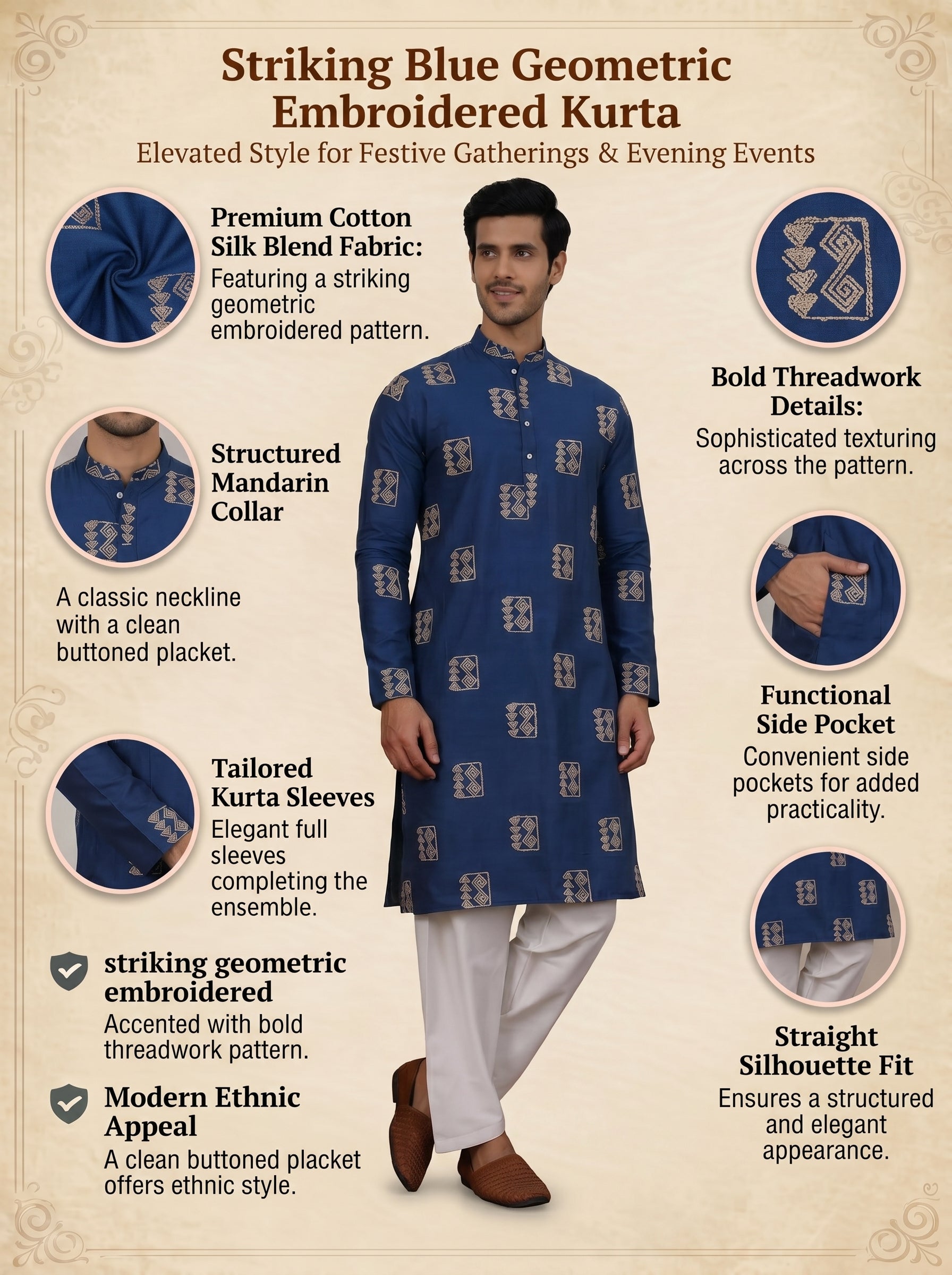 Aespen Teal Blue Cotton Silk Kurta For Men With Goemetric Embroidered Pattern - Aespenfashion.com