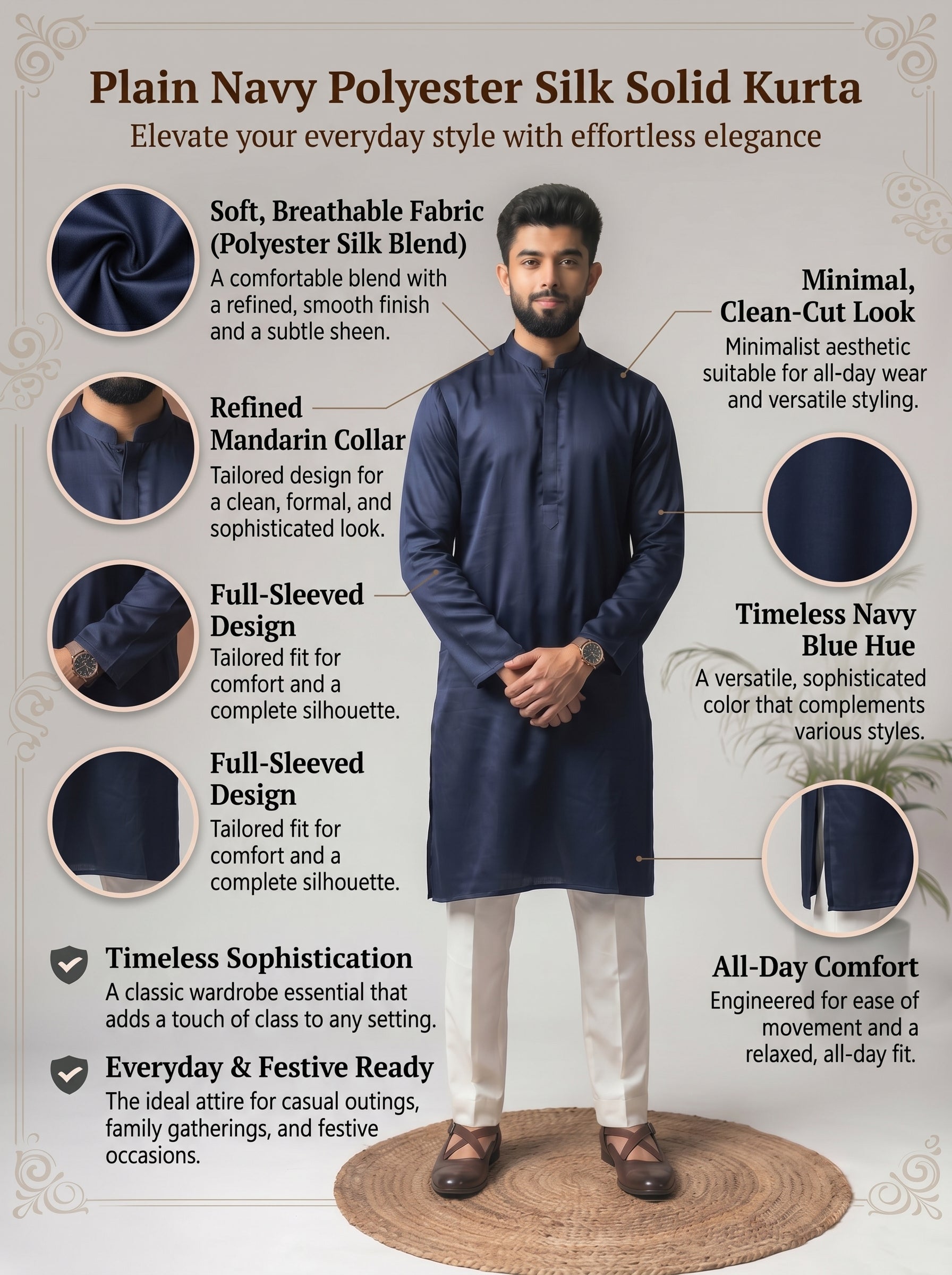 Aespen  Classic Navy Kurta For Men - Aespenfashion.com