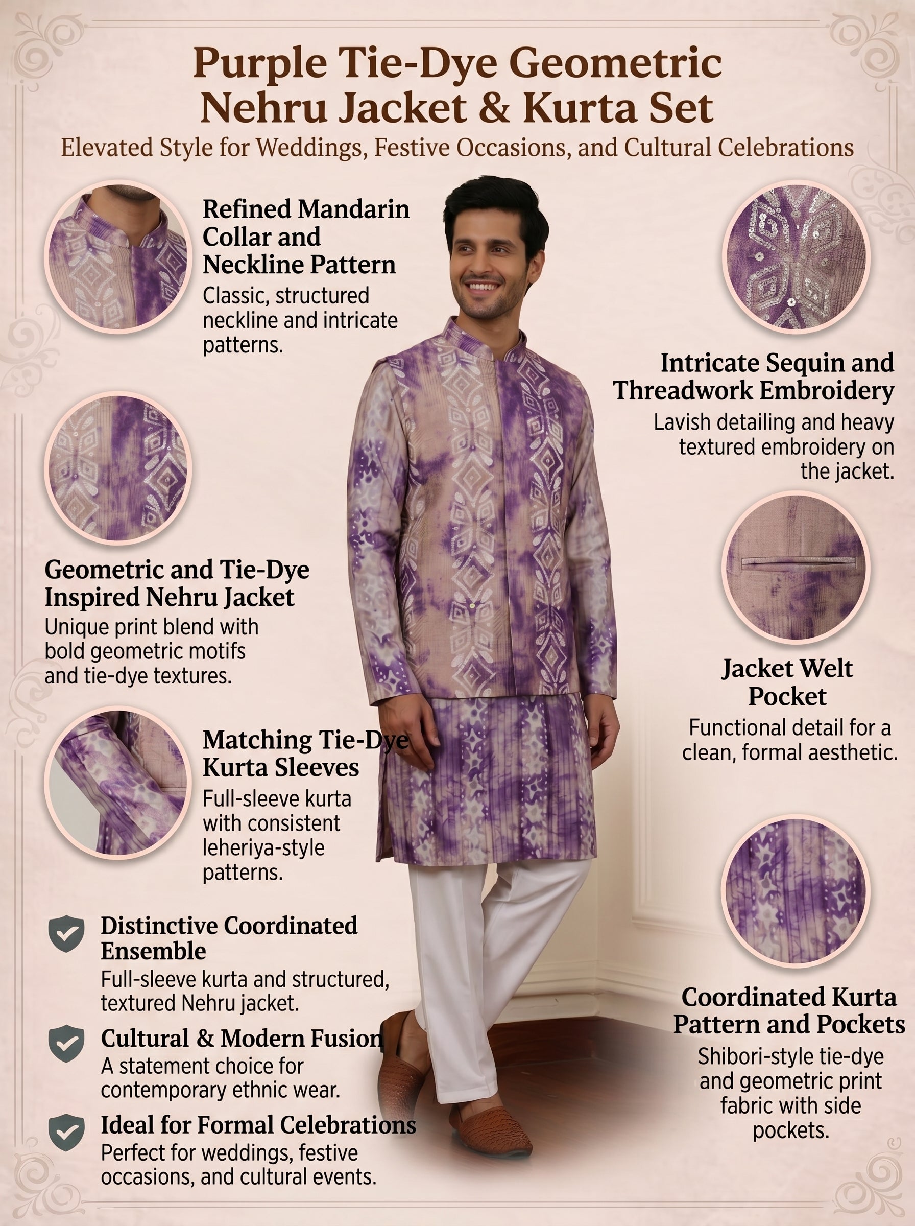 Aespen Purple Tie-Dye Kurta Jacket Set For Men With Thread Embroidery - Aespenfashion.com