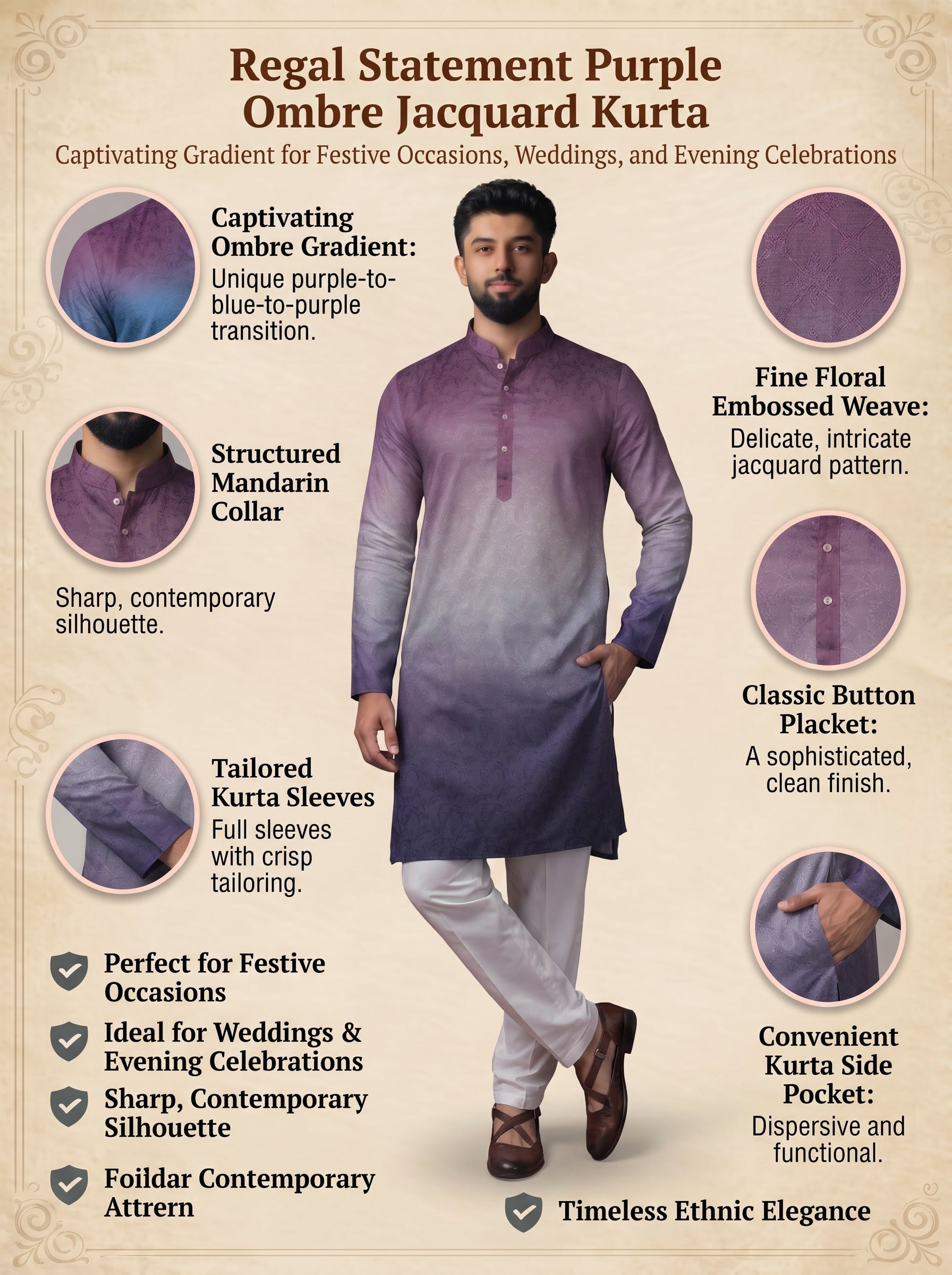 Aespen Purple Jaquard Kurta Jacket Set For Men With Printed Design - Aespenfashion.com